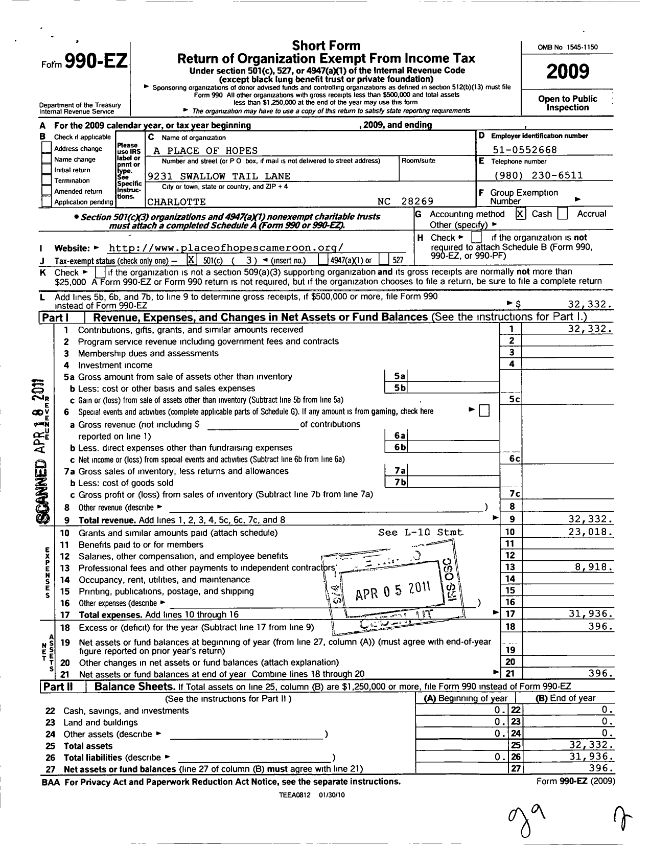 Image of first page of 2009 Form 990EZ for A Place of Hope