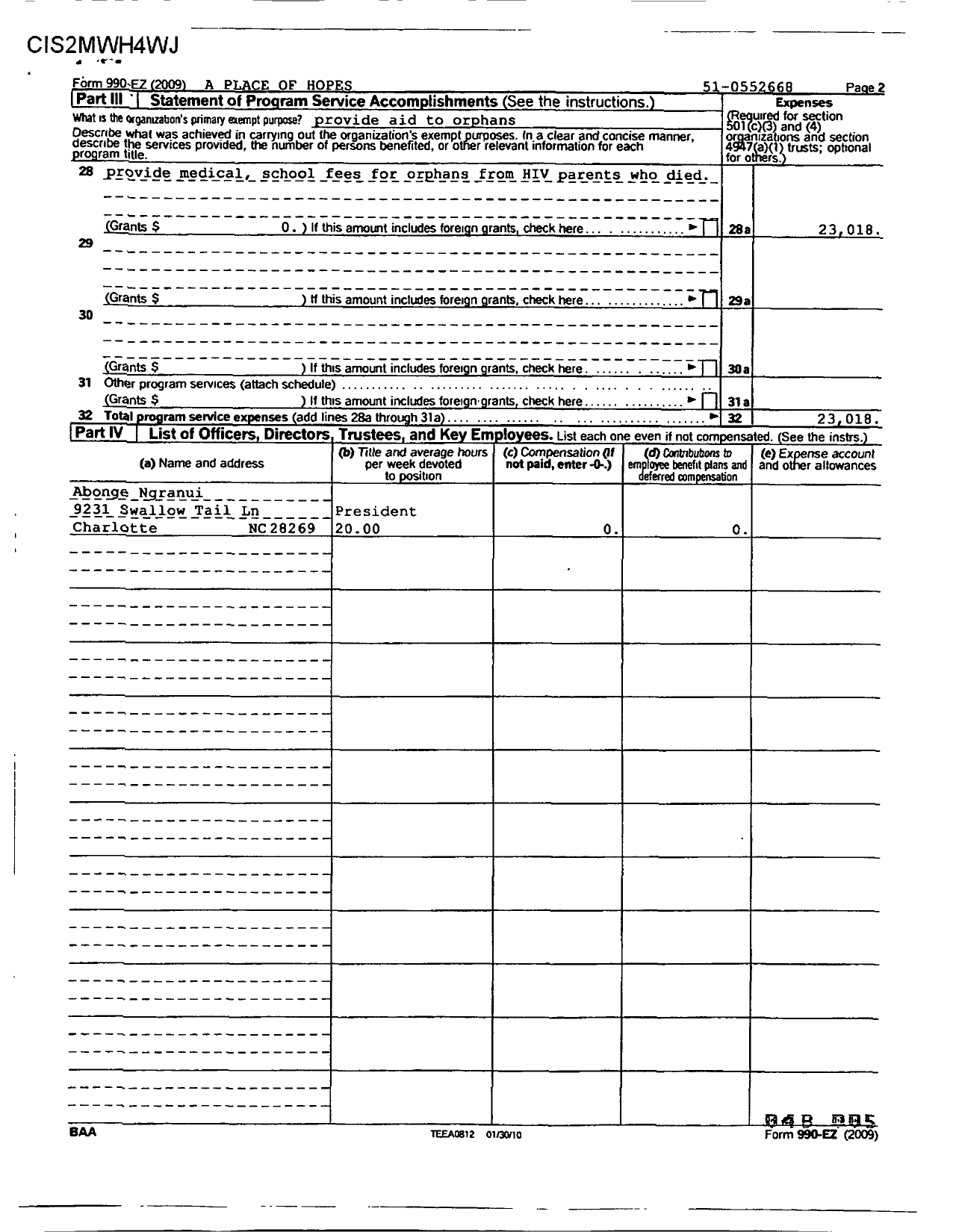 Image of first page of 2009 Form 990ER for A Place of Hope