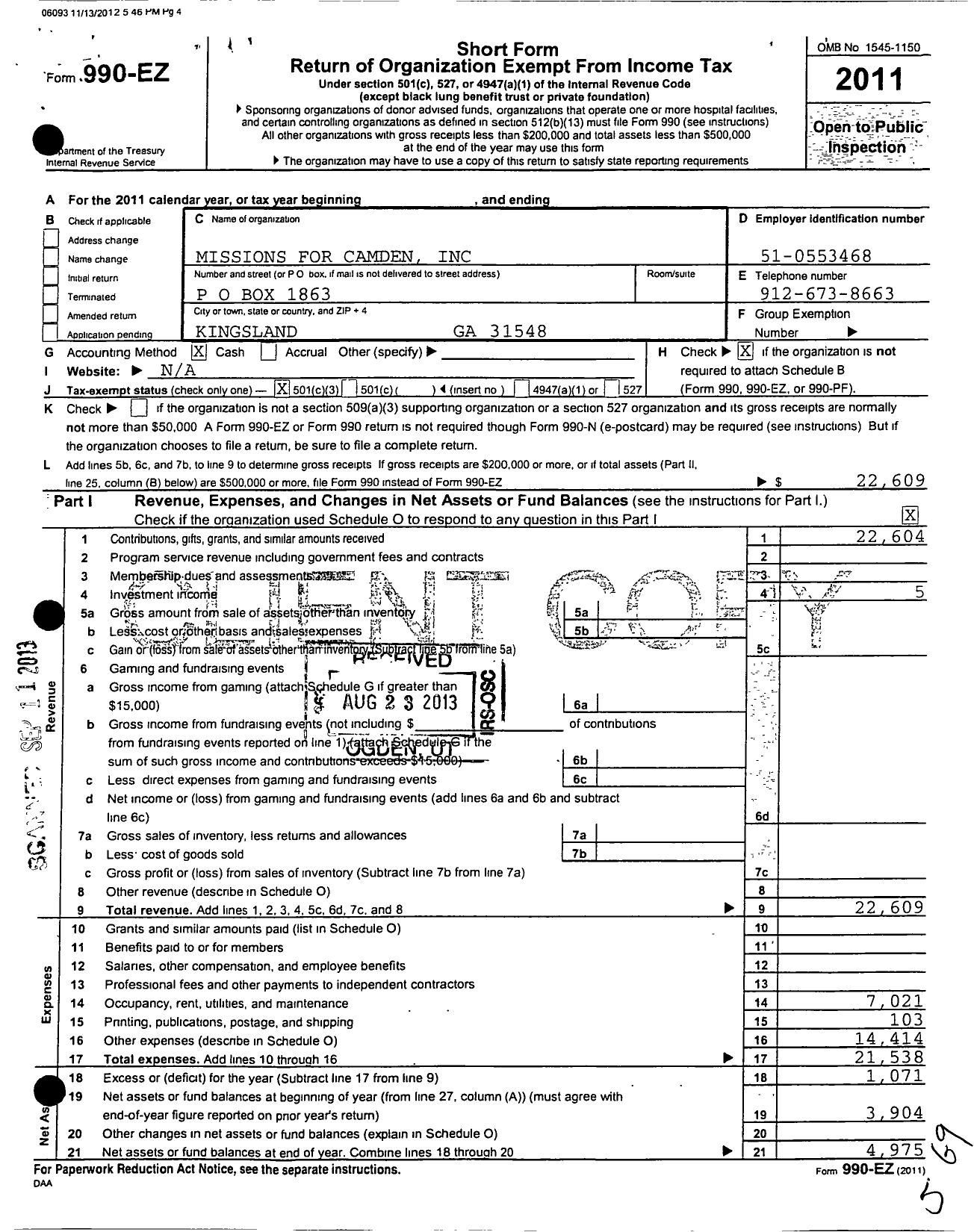 Image of first page of 2011 Form 990EZ for Christ Outreach Mission