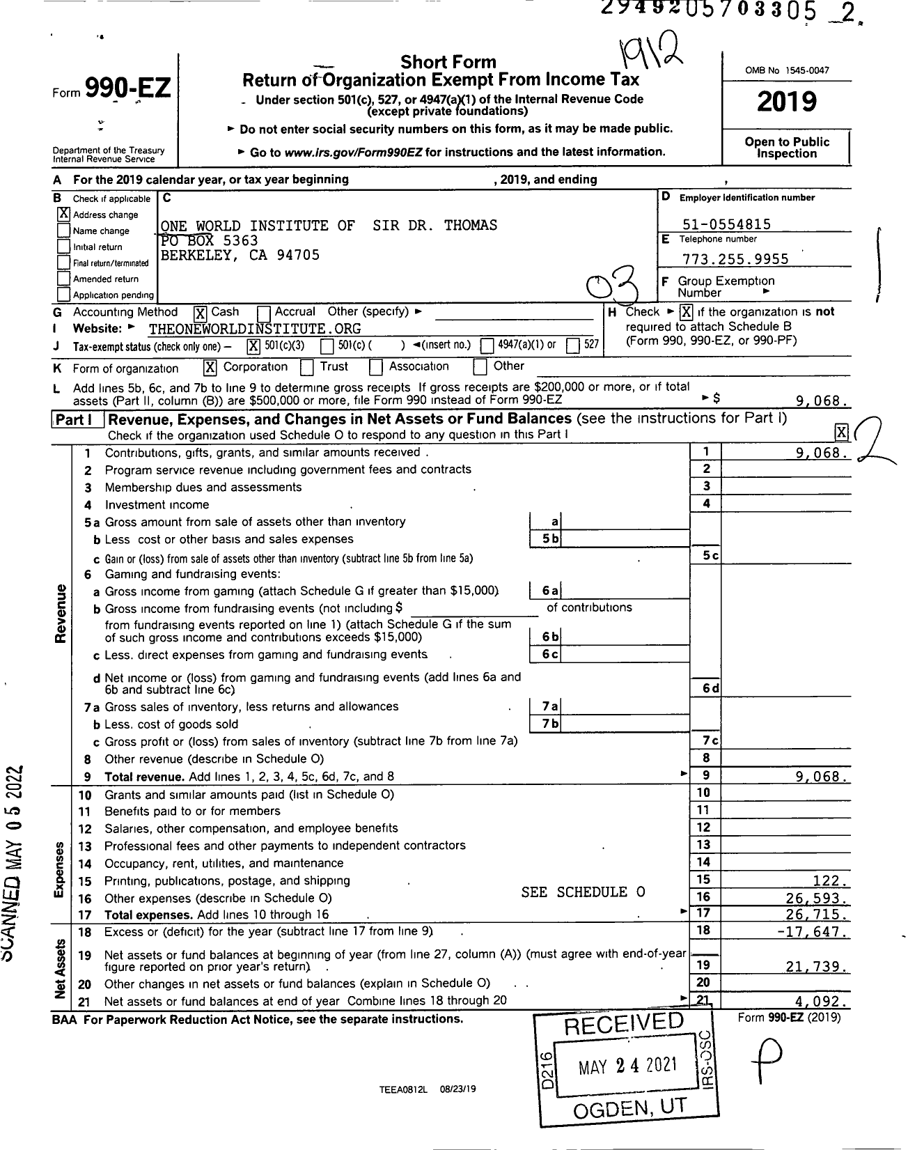 Image of first page of 2019 Form 990EZ for One World Institute of Sir DrThomas