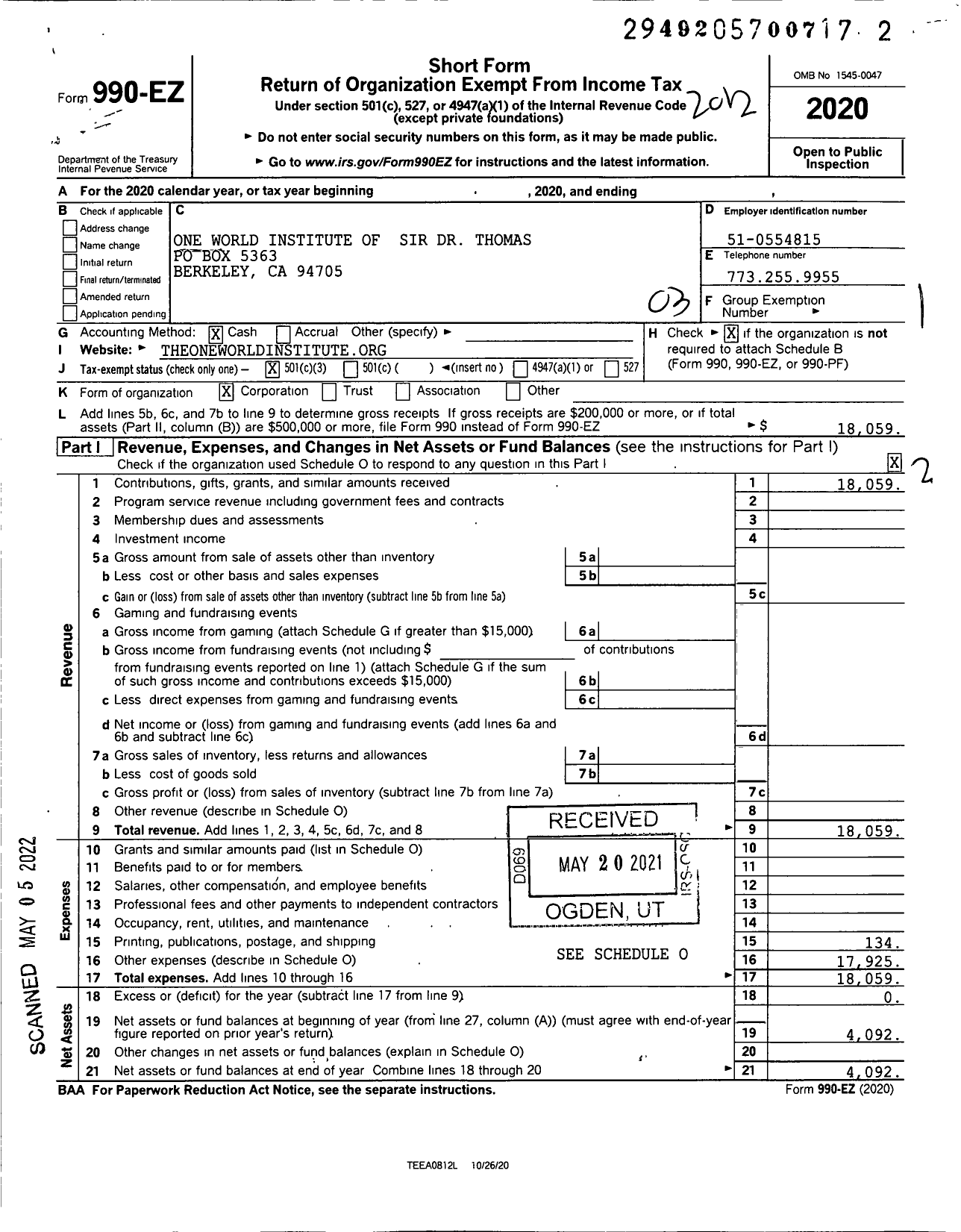 Image of first page of 2020 Form 990EZ for One World Institute of Sir DrThomas