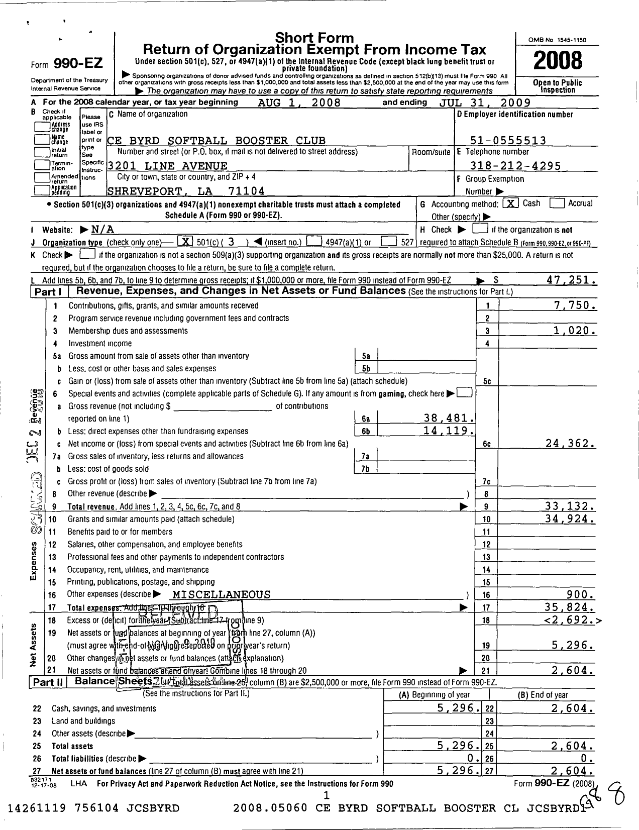 Image of first page of 2008 Form 990EZ for C E Byrd High School Softball Booster Club