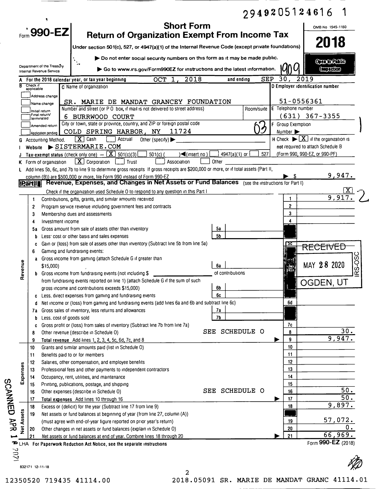 Image of first page of 2018 Form 990EZ for SR Marie de Mandat Grancey Foundation