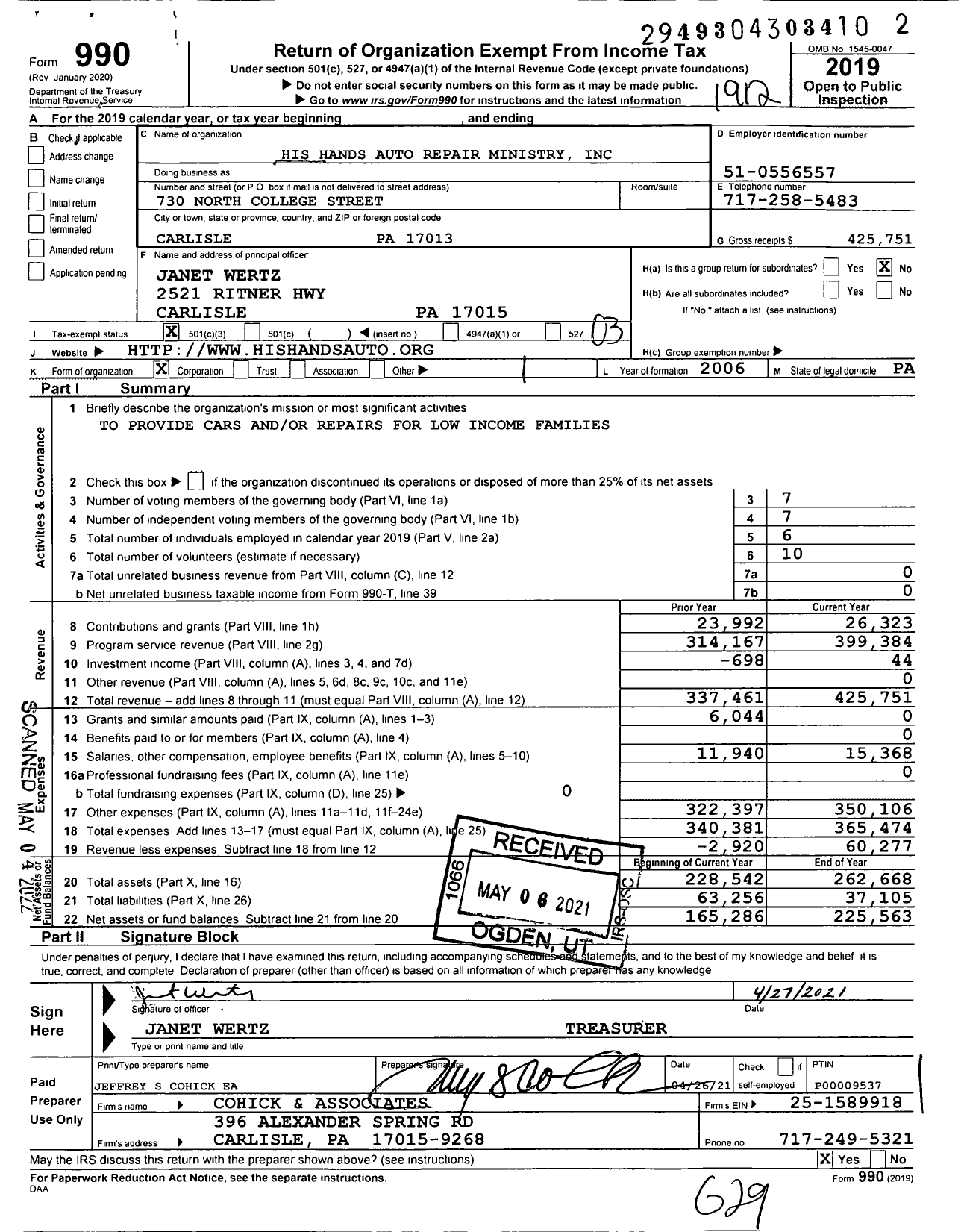 Image of first page of 2019 Form 990 for His Hands Auto Repair Ministry