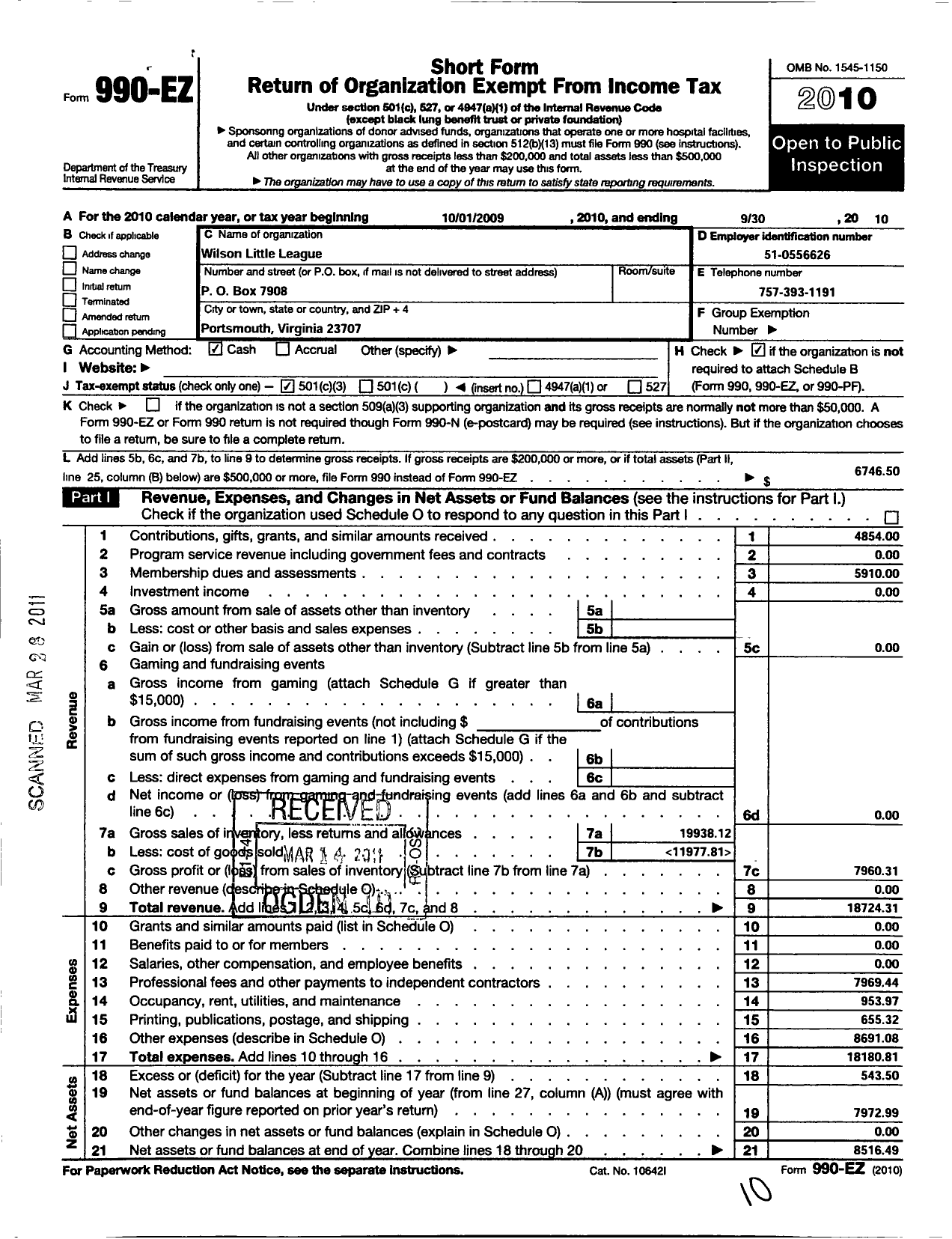 Image of first page of 2009 Form 990EZ for Wilson Little League