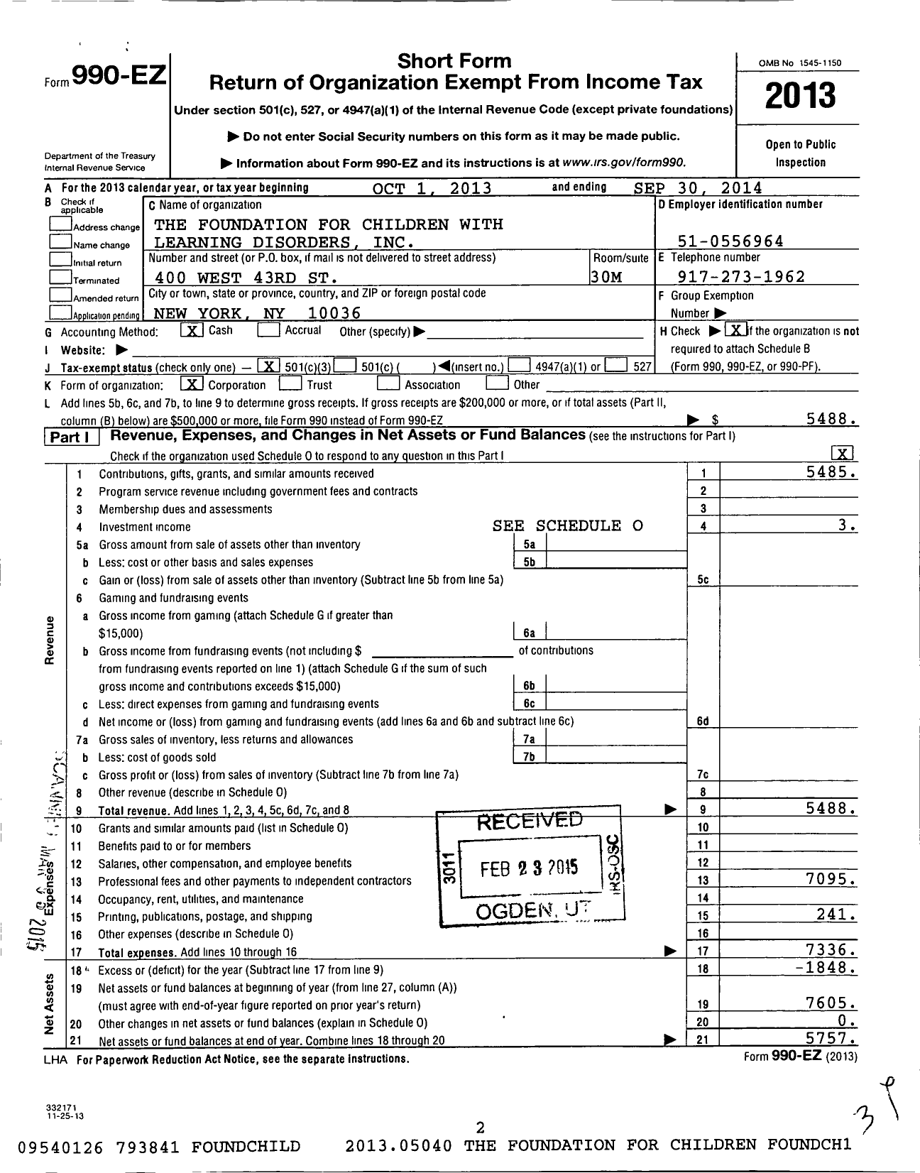 Image of first page of 2013 Form 990EZ for The Foundation for Children with Learning Disorders