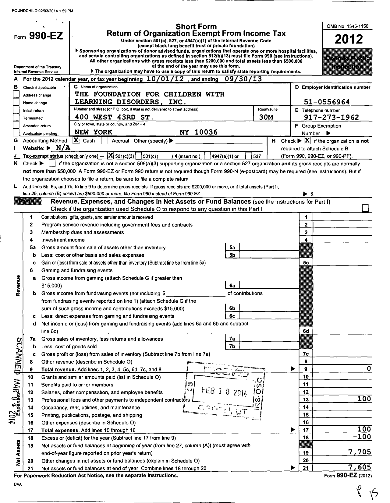 Image of first page of 2012 Form 990EZ for The Foundation for Children with Learning Disorders