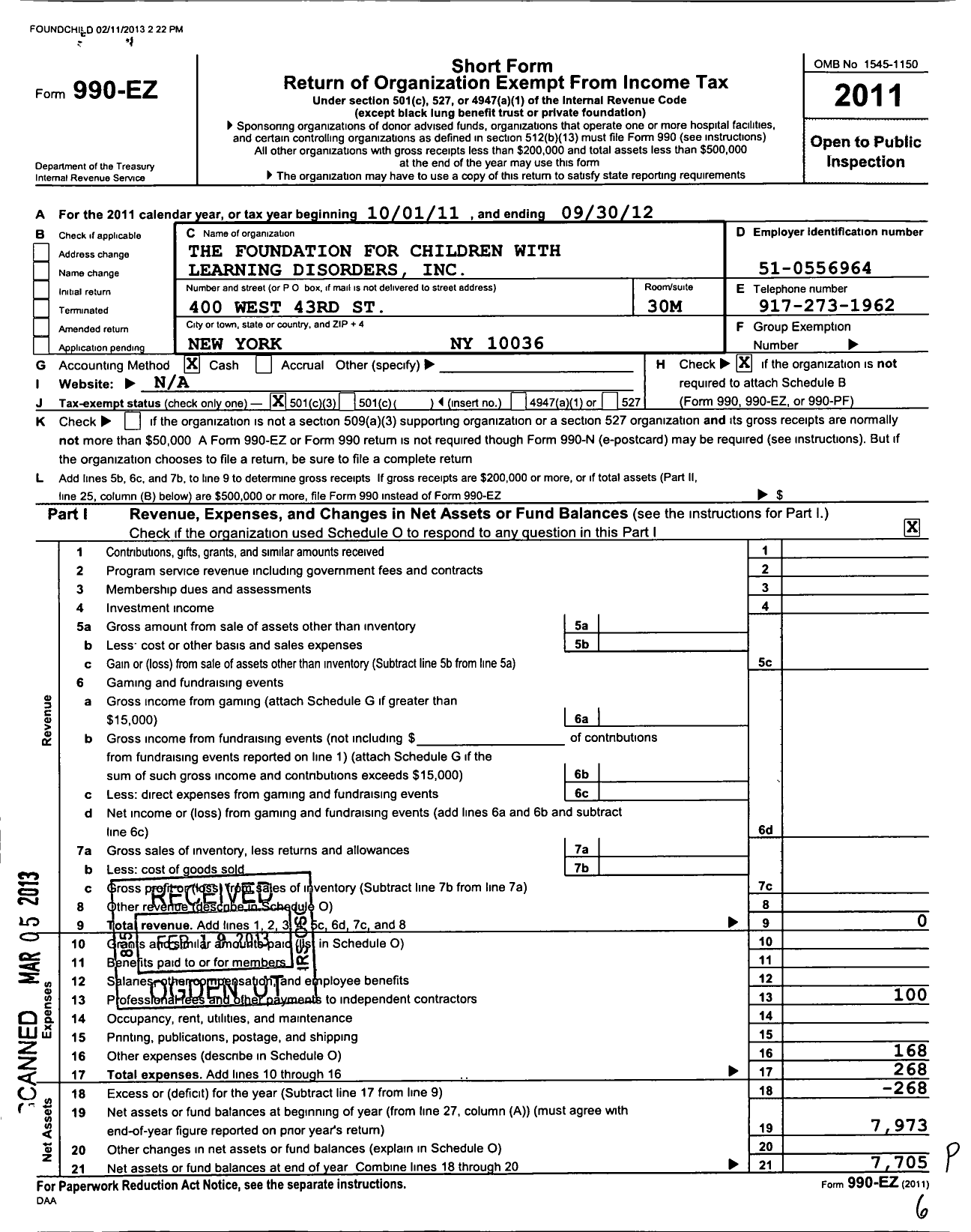 Image of first page of 2011 Form 990EZ for The Foundation for Children with Learning Disorders