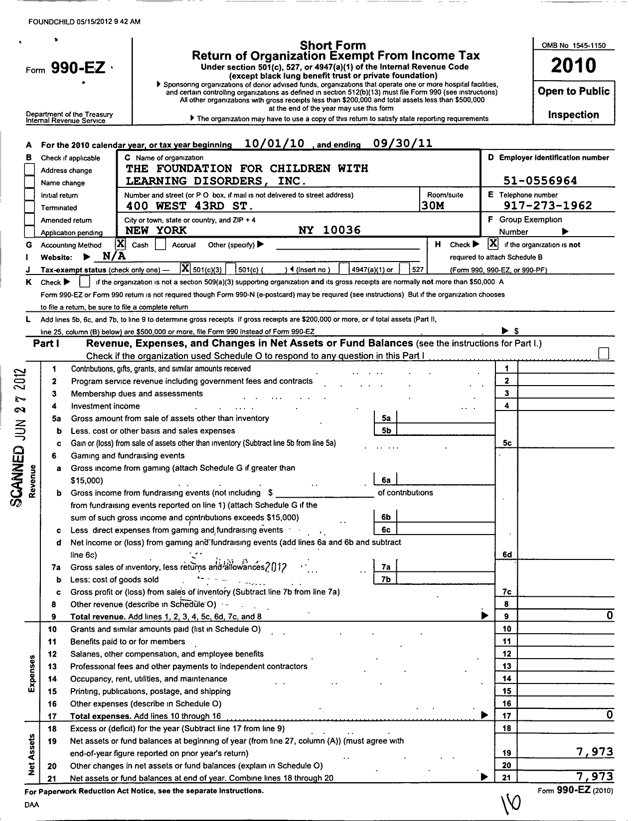 Image of first page of 2010 Form 990EZ for The Foundation for Children with Learning Disorders