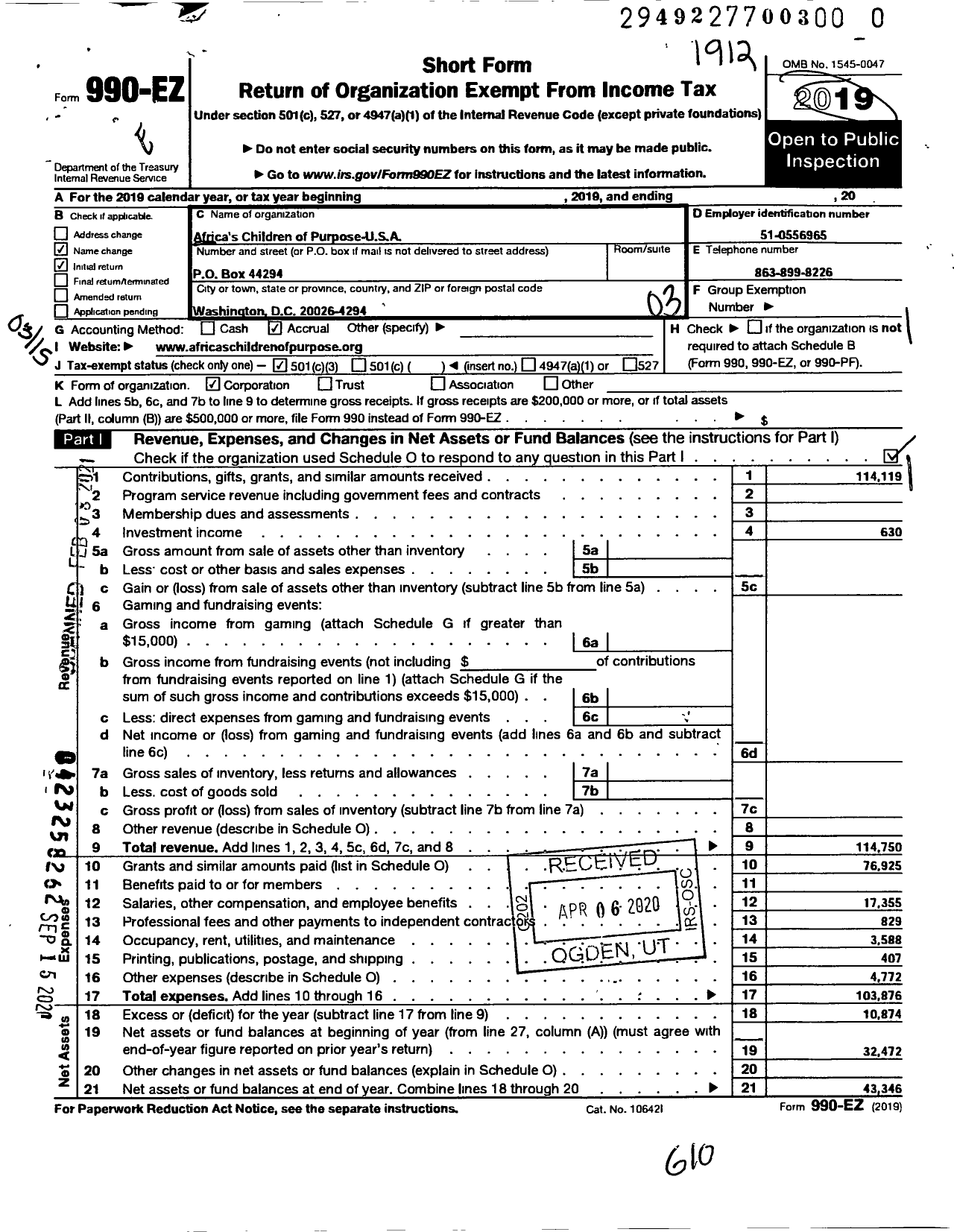 Image of first page of 2019 Form 990EZ for Africas Children of Purpose-U S A