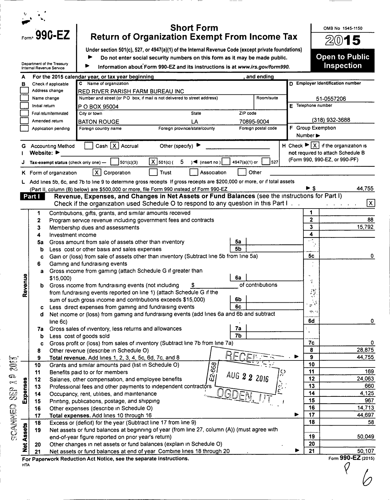 Image of first page of 2015 Form 990EO for Red River Parish Farm Bureau