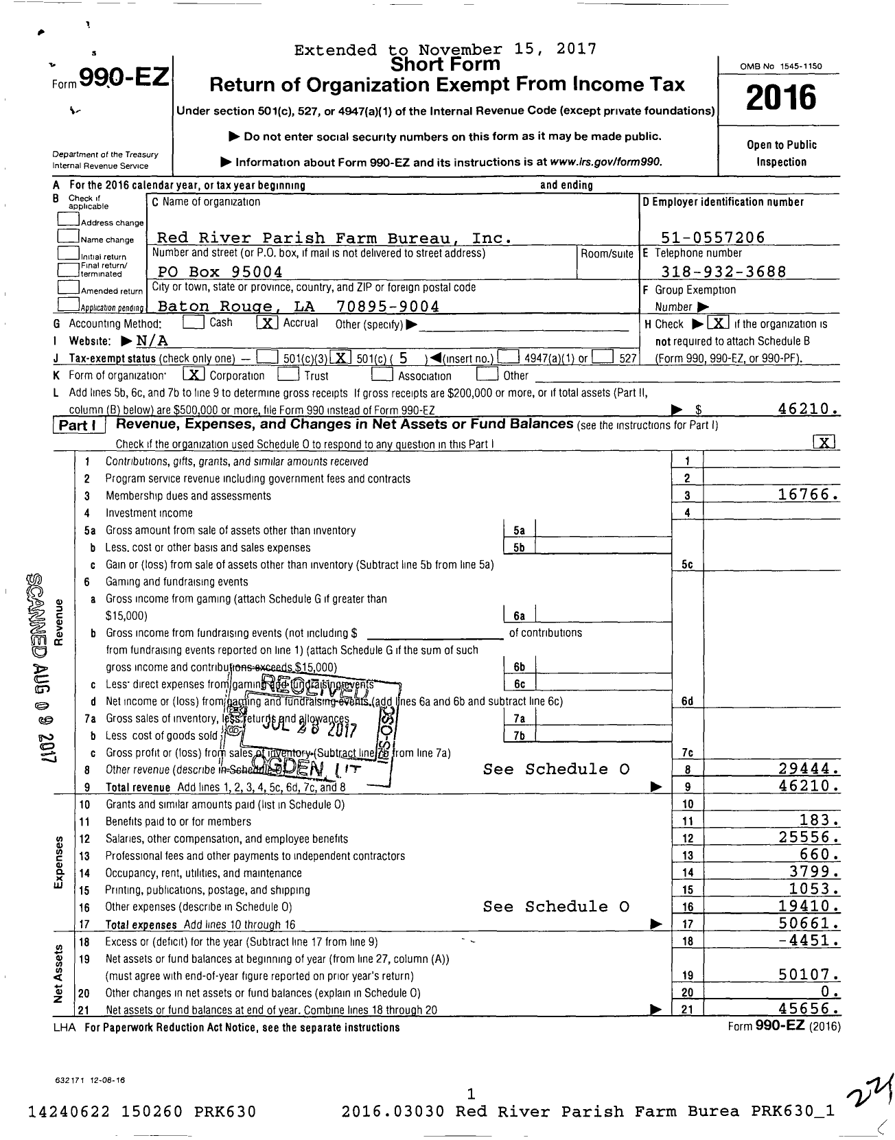 Image of first page of 2016 Form 990EO for Red River Parish Farm Bureau