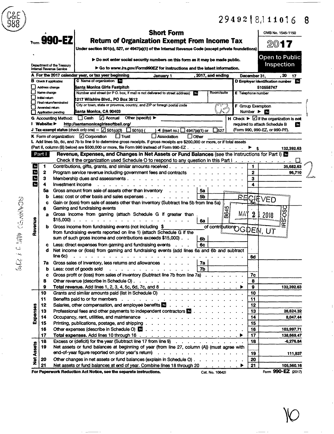 Image of first page of 2017 Form 990EZ for Santa Monica Girls Fastpitch