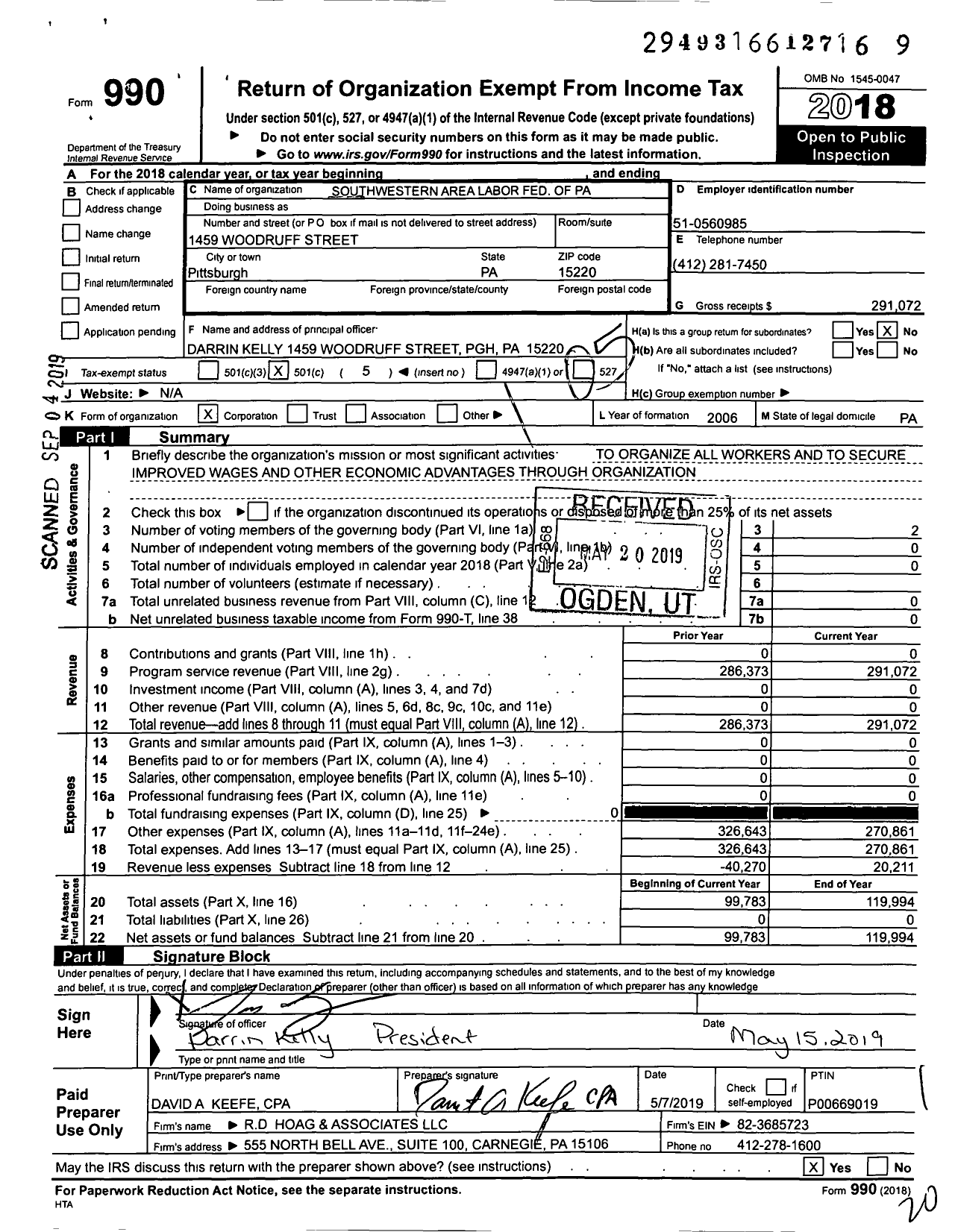 Image of first page of 2018 Form 990O for AFL-CIO - Southwestern Pennsylvania Area Labo