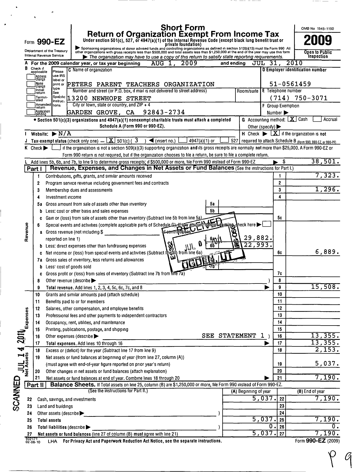 Image of first page of 2009 Form 990EZ for Peters Parent Teachers Organization