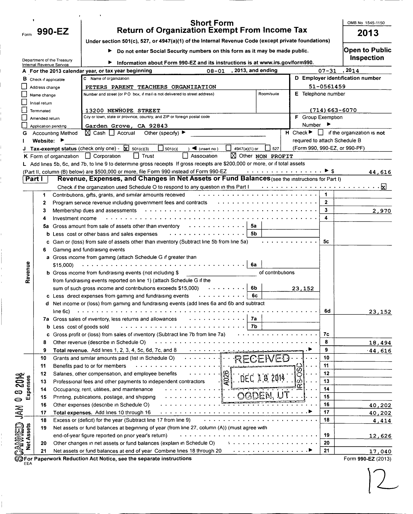 Image of first page of 2013 Form 990EZ for Peters Parent Teachers Organization