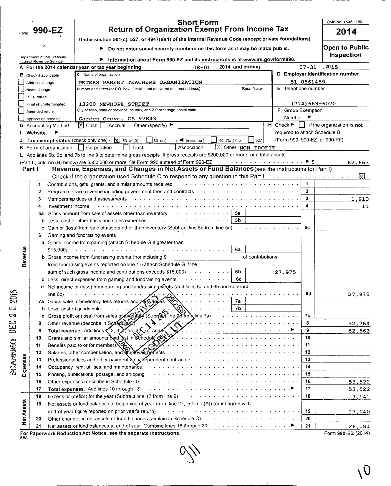 Image of first page of 2014 Form 990EZ for Peters Parent Teachers Organization