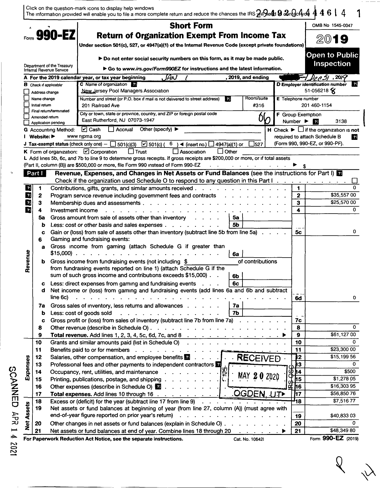 Image of first page of 2019 Form 990EO for New Jersey Pool Managers Association