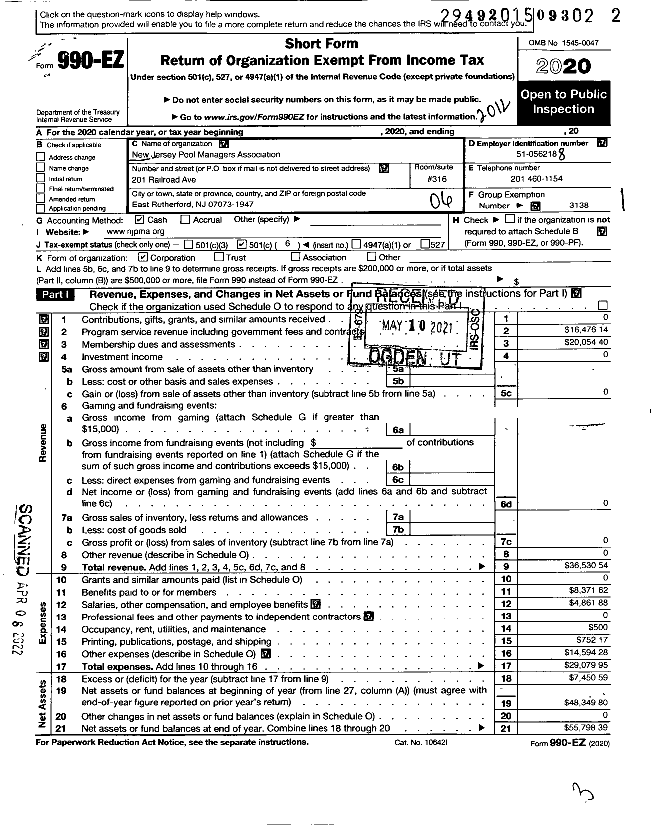 Image of first page of 2020 Form 990EO for New Jersey Pool Managers Association