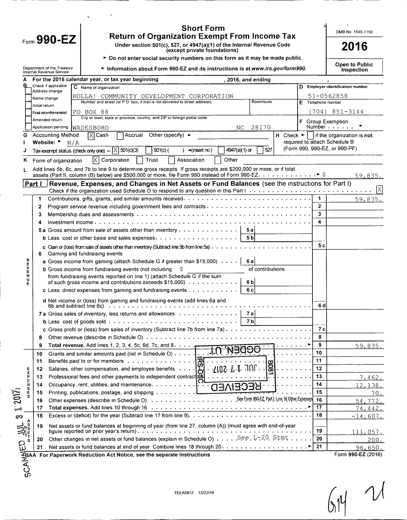 Image of first page of 2016 Form 990EZ for Holla Community Development