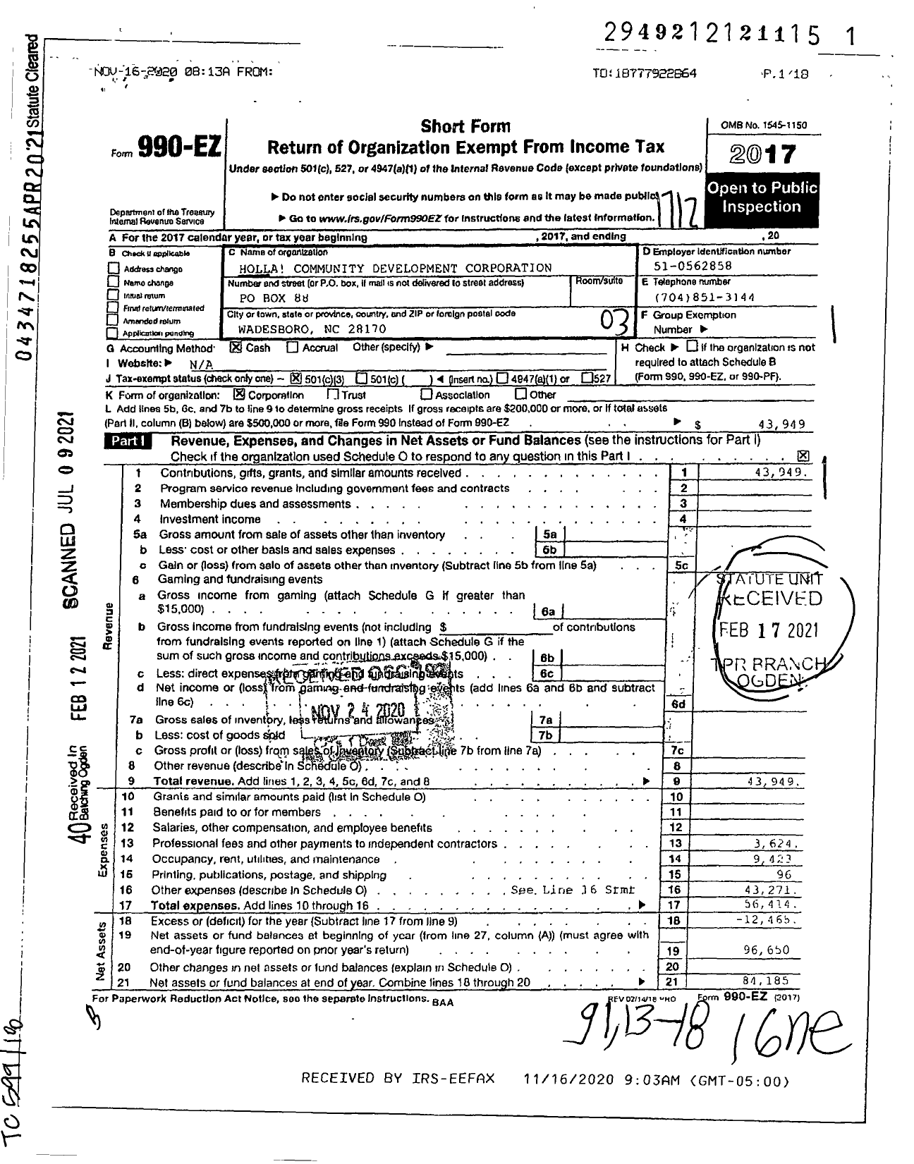 Image of first page of 2017 Form 990EZ for Holla Community Development