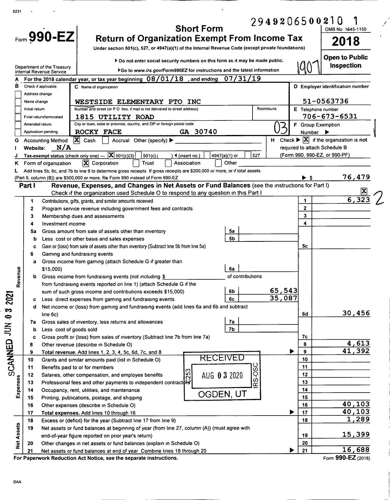 Image of first page of 2018 Form 990EZ for Westside Elementary Pto