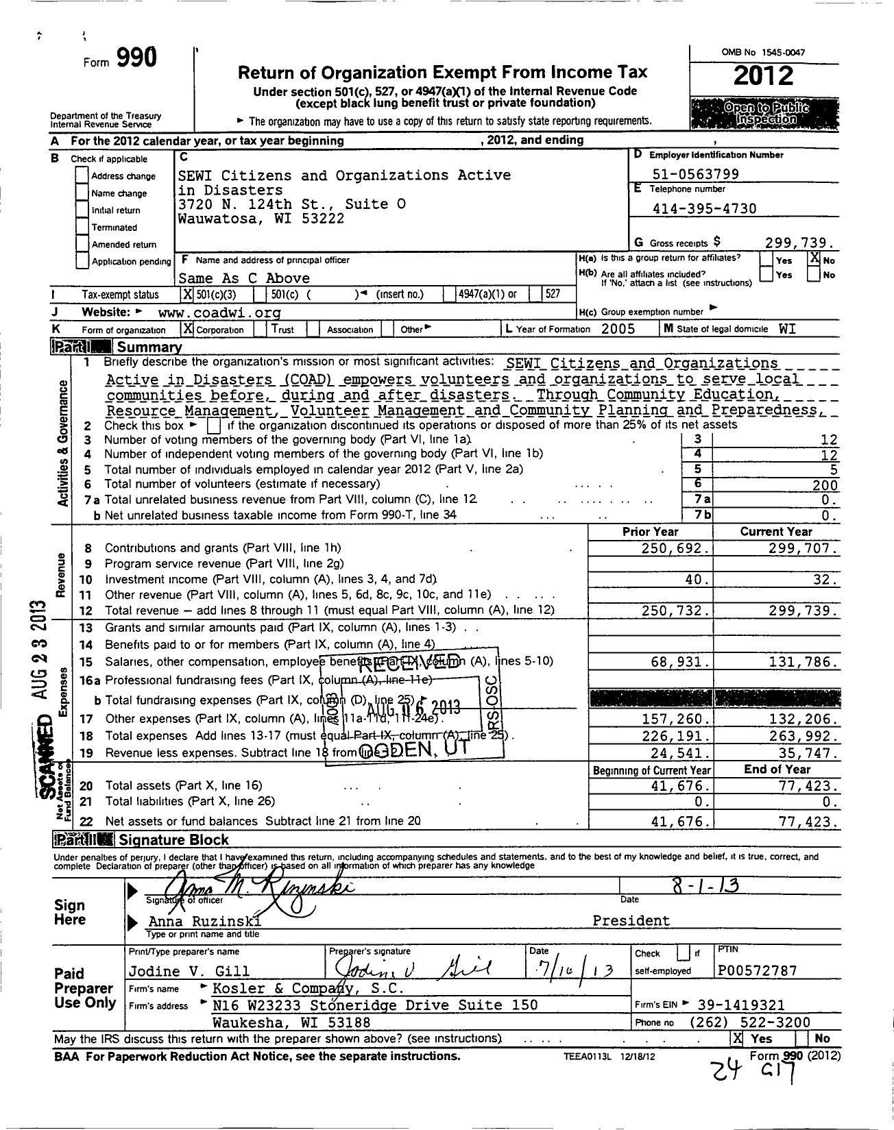 Image of first page of 2012 Form 990 for Southeast Wisconsin Citizens and Org Active in Disasters