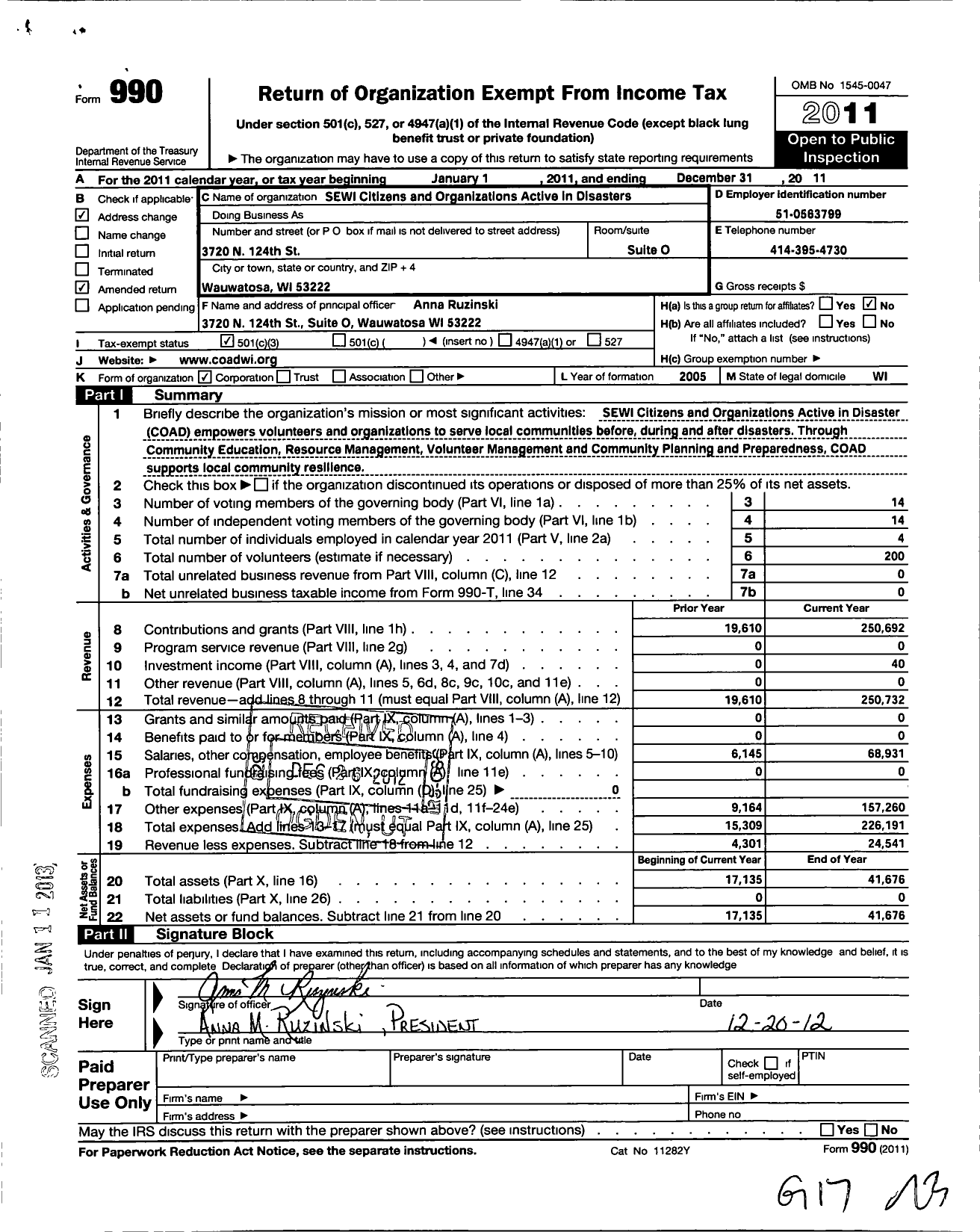 Image of first page of 2011 Form 990 for Southeast Wisconsin Citizens and Org Active in Disasters