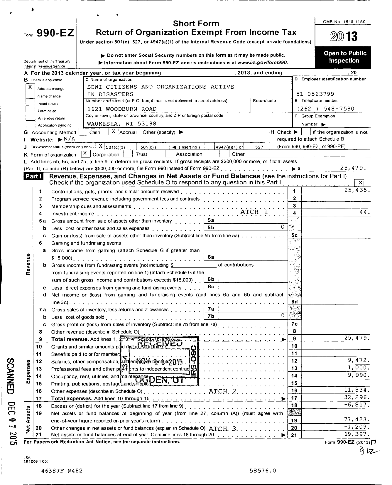 Image of first page of 2013 Form 990EZ for Southeast Wisconsin Citizens and Org Active in Disasters