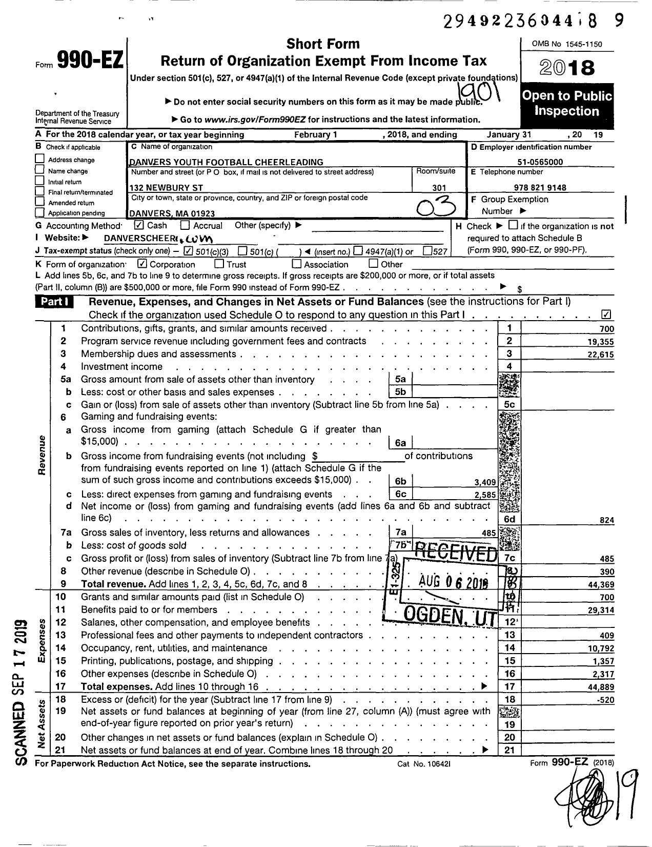 Image of first page of 2018 Form 990EZ for Danvers Youth Football Cheerleading