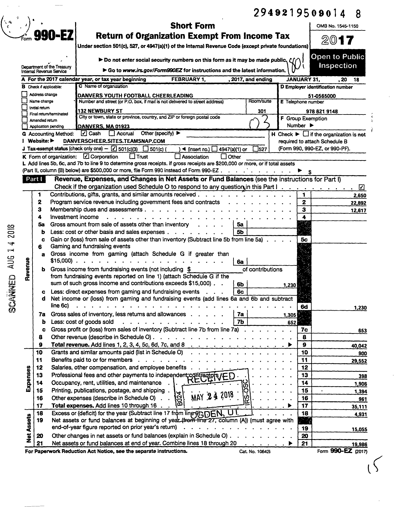 Image of first page of 2017 Form 990EZ for Danvers Youth Football Cheerleading