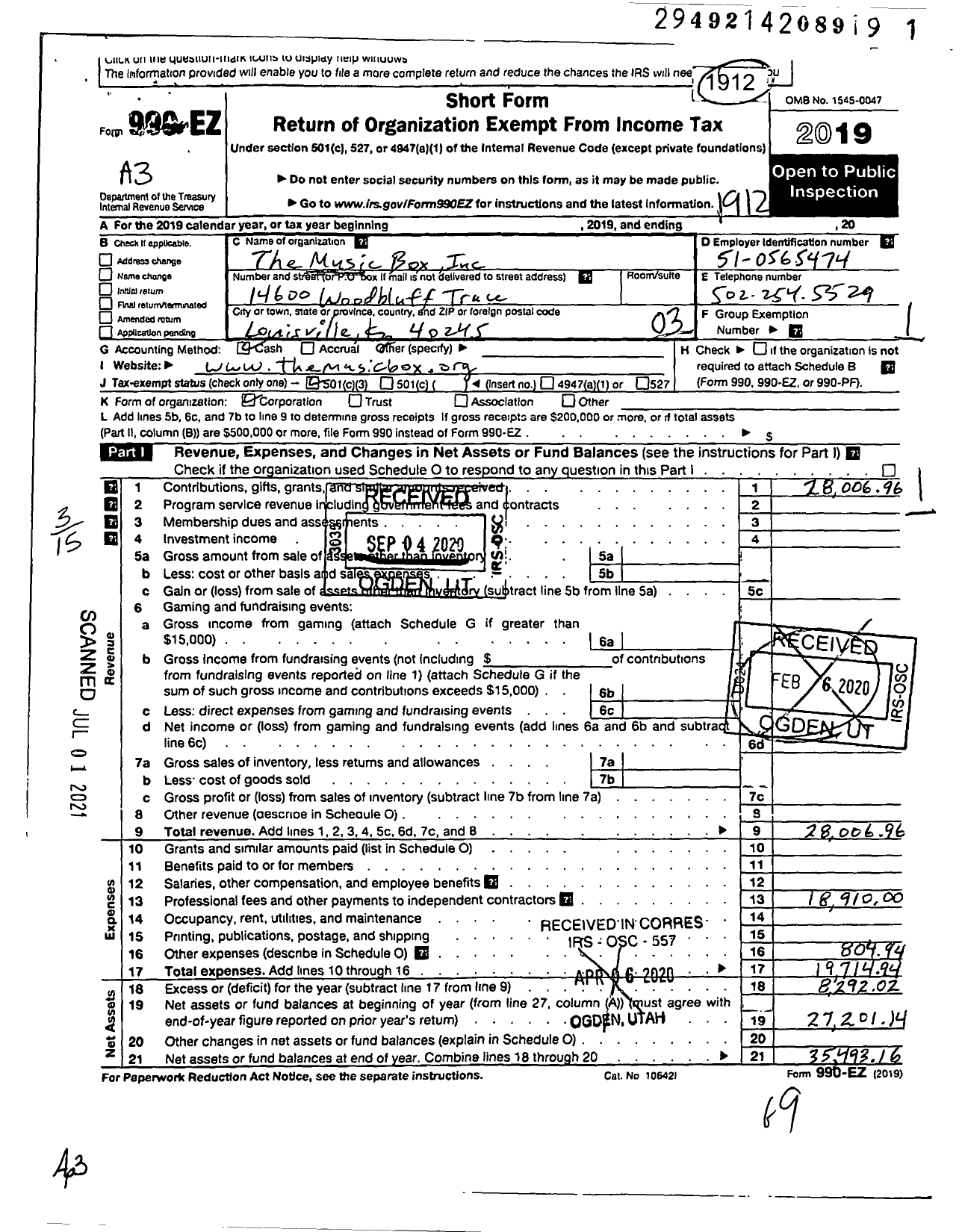 Image of first page of 2019 Form 990EZ for The Music Box