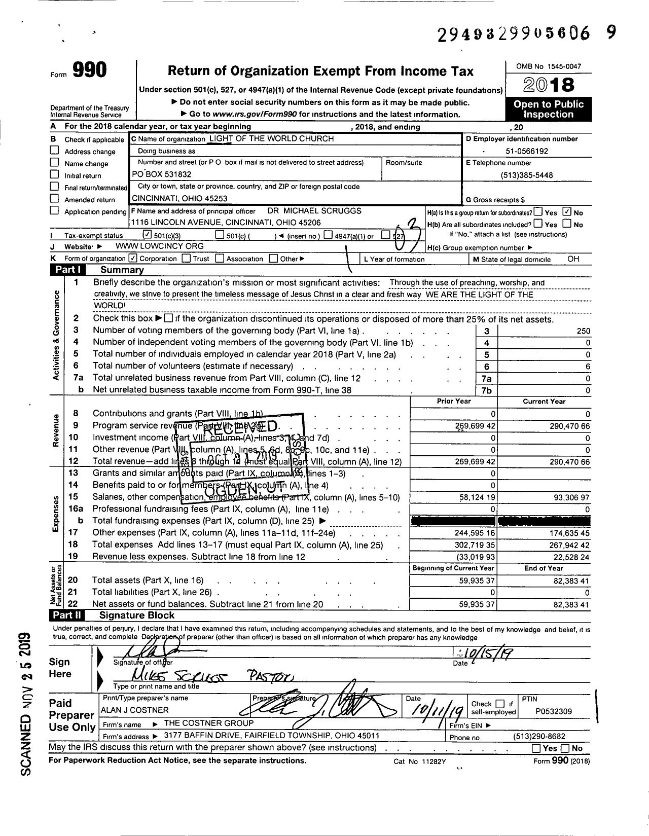 Image of first page of 2018 Form 990 for Light of the World Worship Center