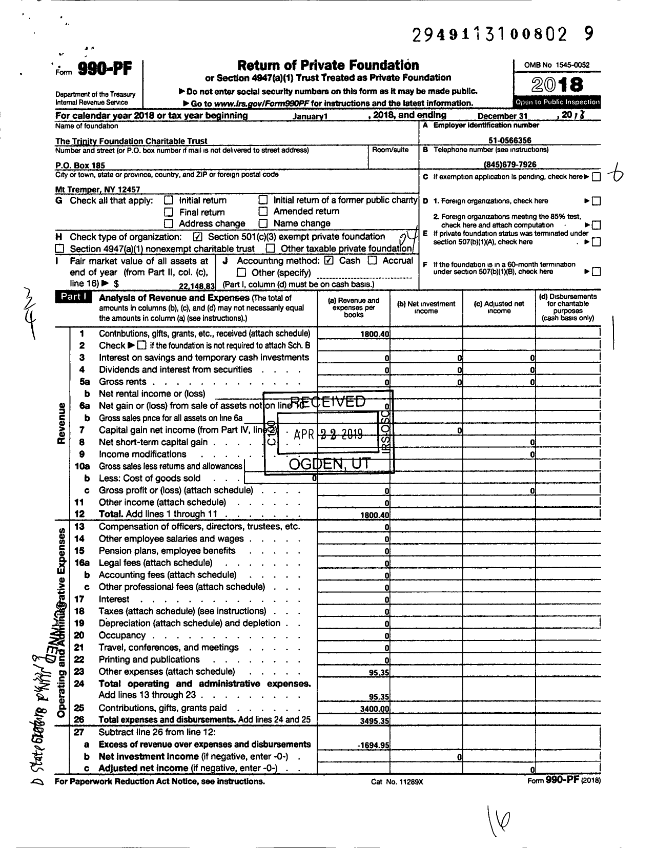 Image of first page of 2018 Form 990PF for The Trinity Foundation Charitable Trust