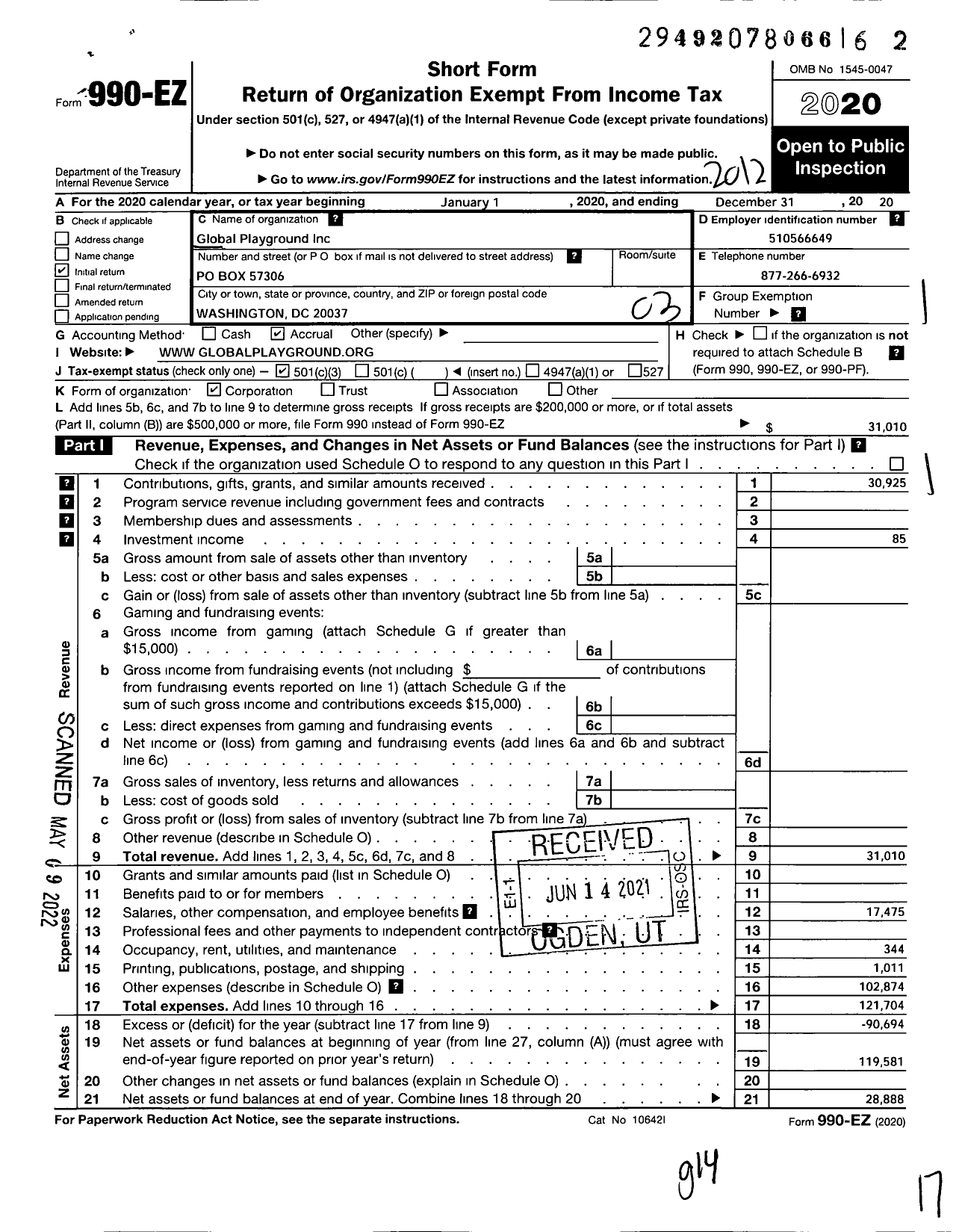 Image of first page of 2020 Form 990EZ for Global Playground