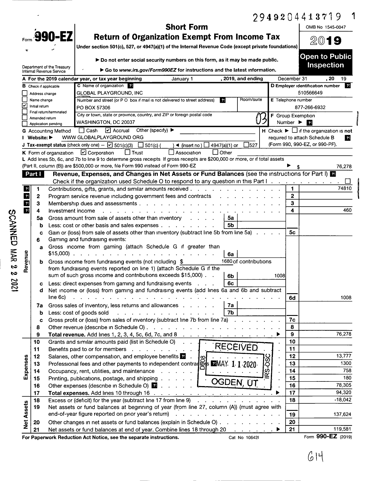 Image of first page of 2019 Form 990EZ for Global Playground