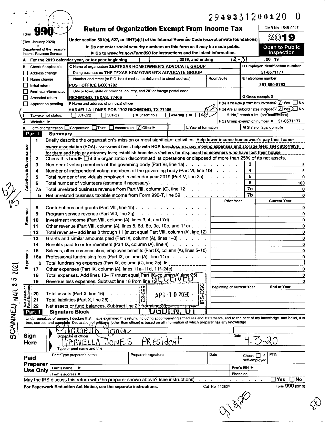 Image of first page of 2019 Form 990 for Texas Homeowners Advocate Group (THAG)