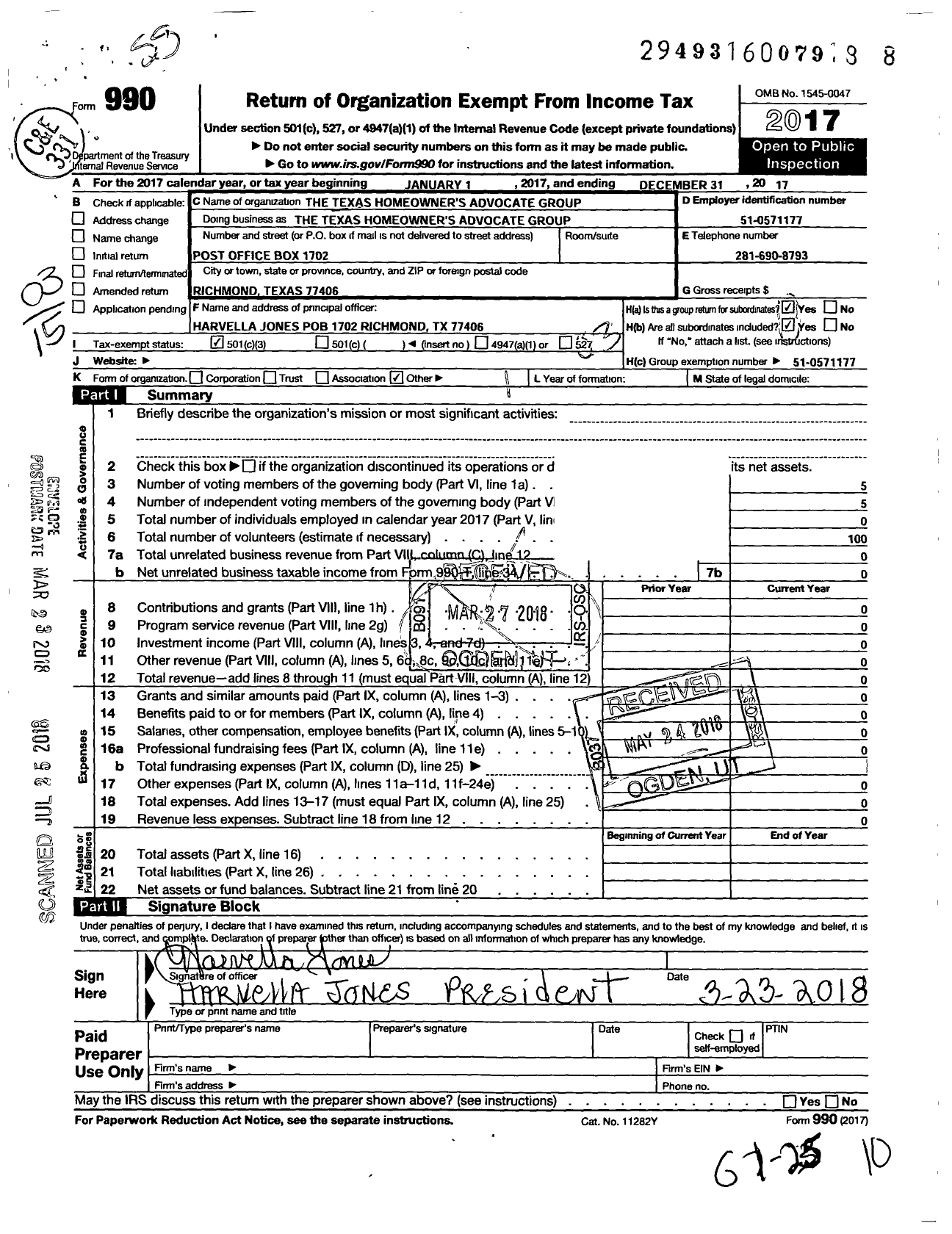 Image of first page of 2017 Form 990 for Texas Homeowners Advocate Group (THAG)