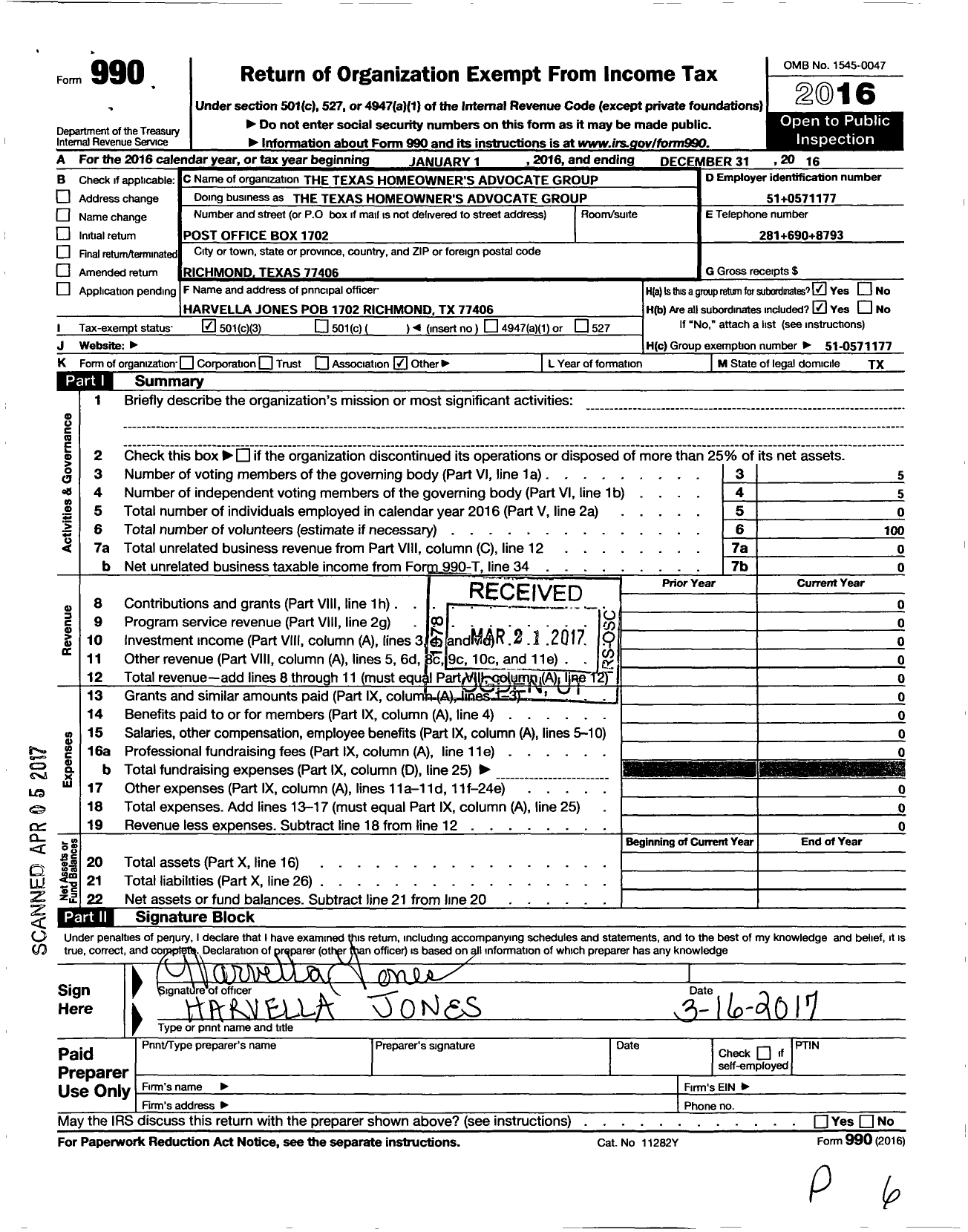 Image of first page of 2016 Form 990 for Texas Homeowners Advocate Group (THAG)