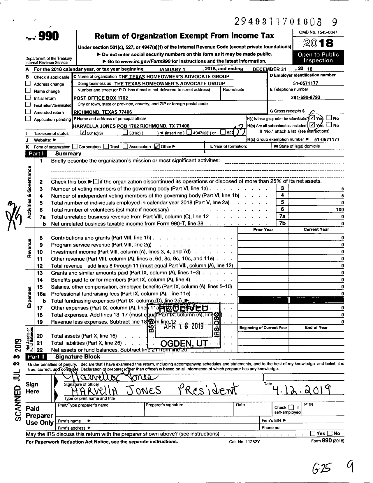 Image of first page of 2018 Form 990 for Texas Homeowners Advocate Group (THAG)