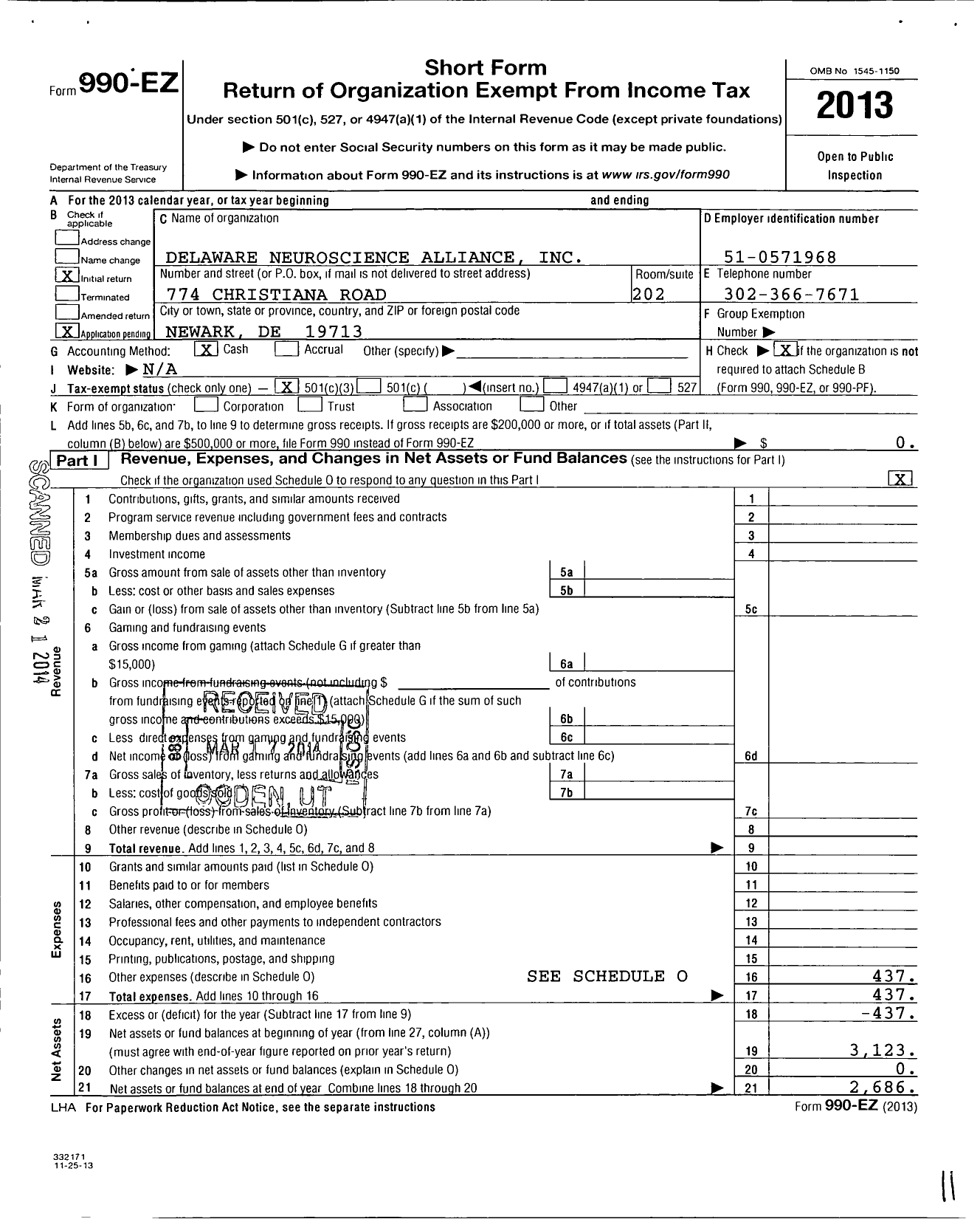 Image of first page of 2013 Form 990EZ for Delaware Neuroscience Alliance