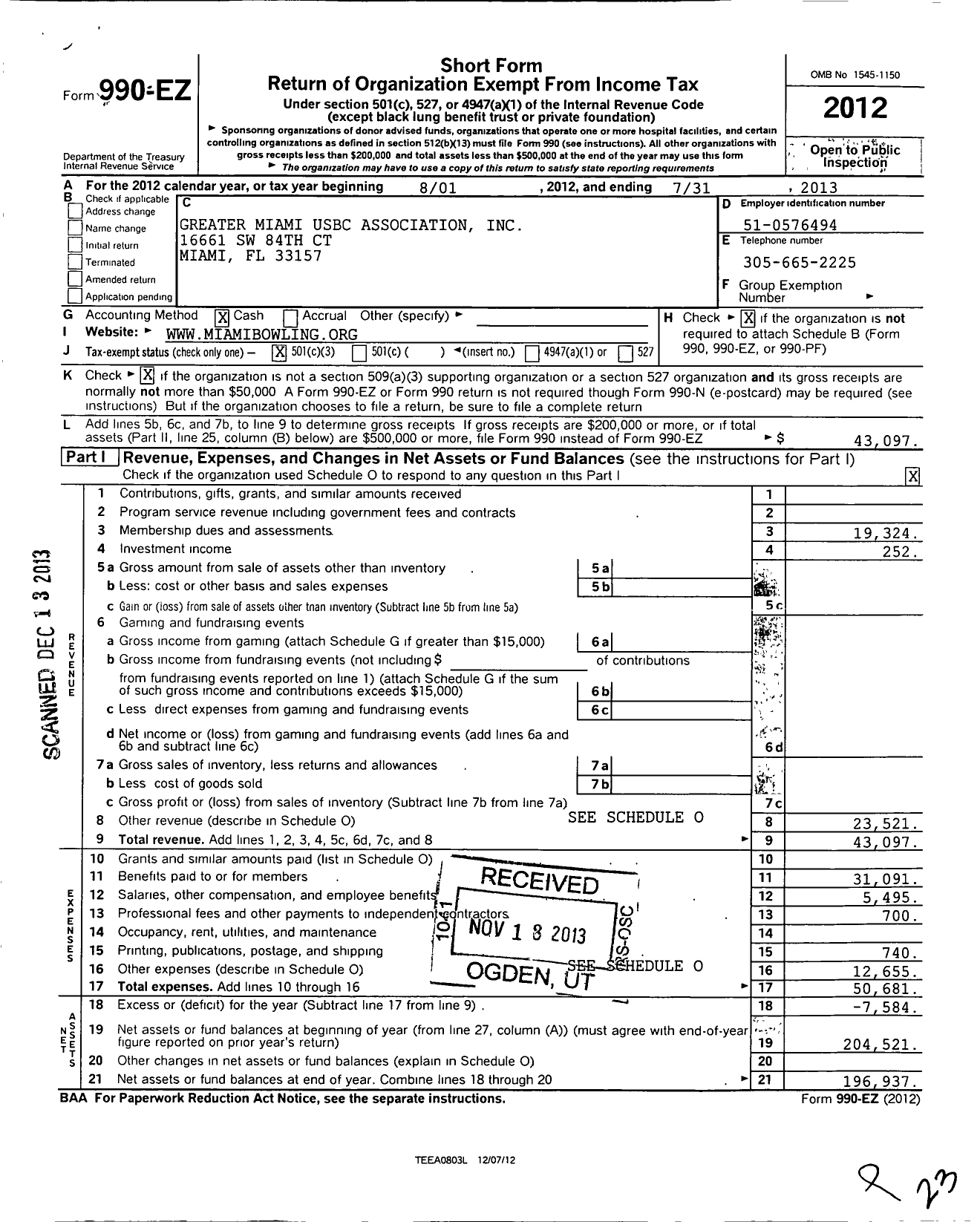 Image of first page of 2012 Form 990EZ for United States Bowling Congress - 82112 GR Miami Usbc