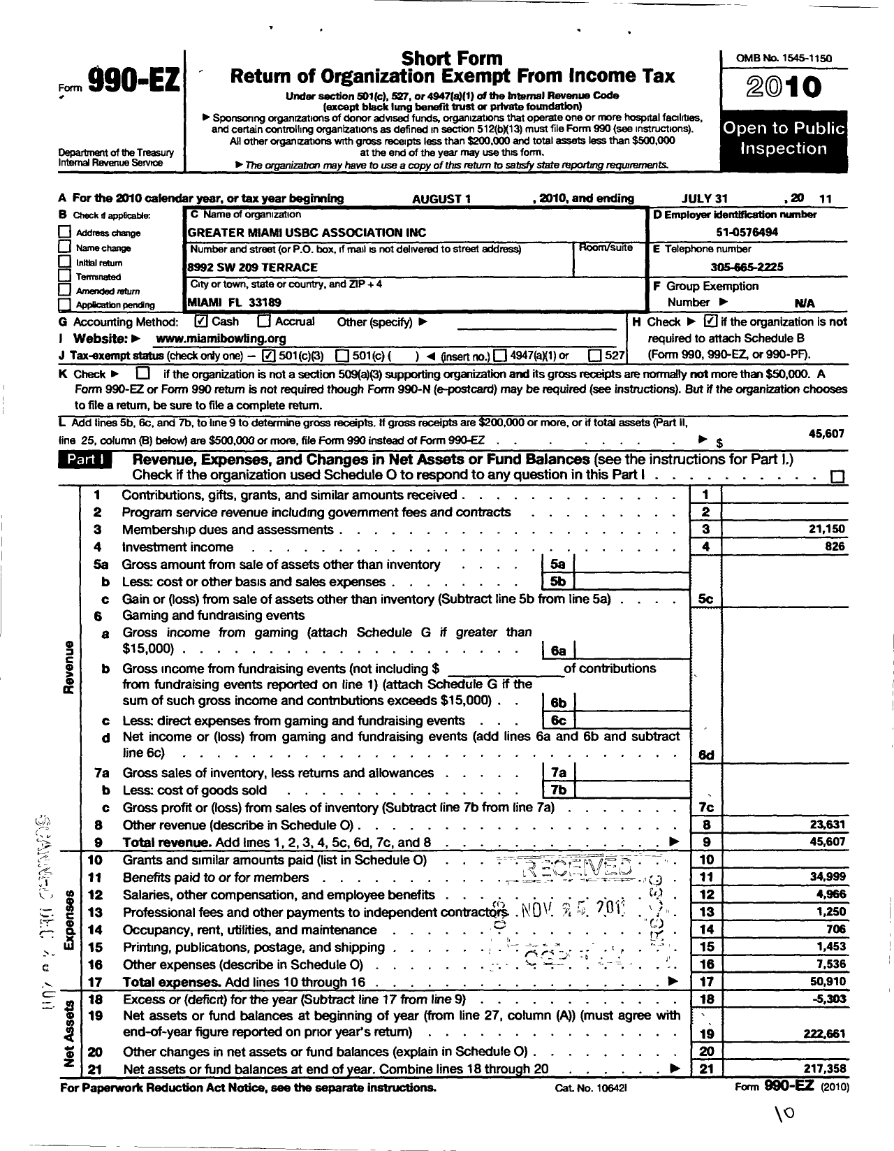 Image of first page of 2010 Form 990EZ for United States Bowling Congress - 82112 GR Miami Usbc