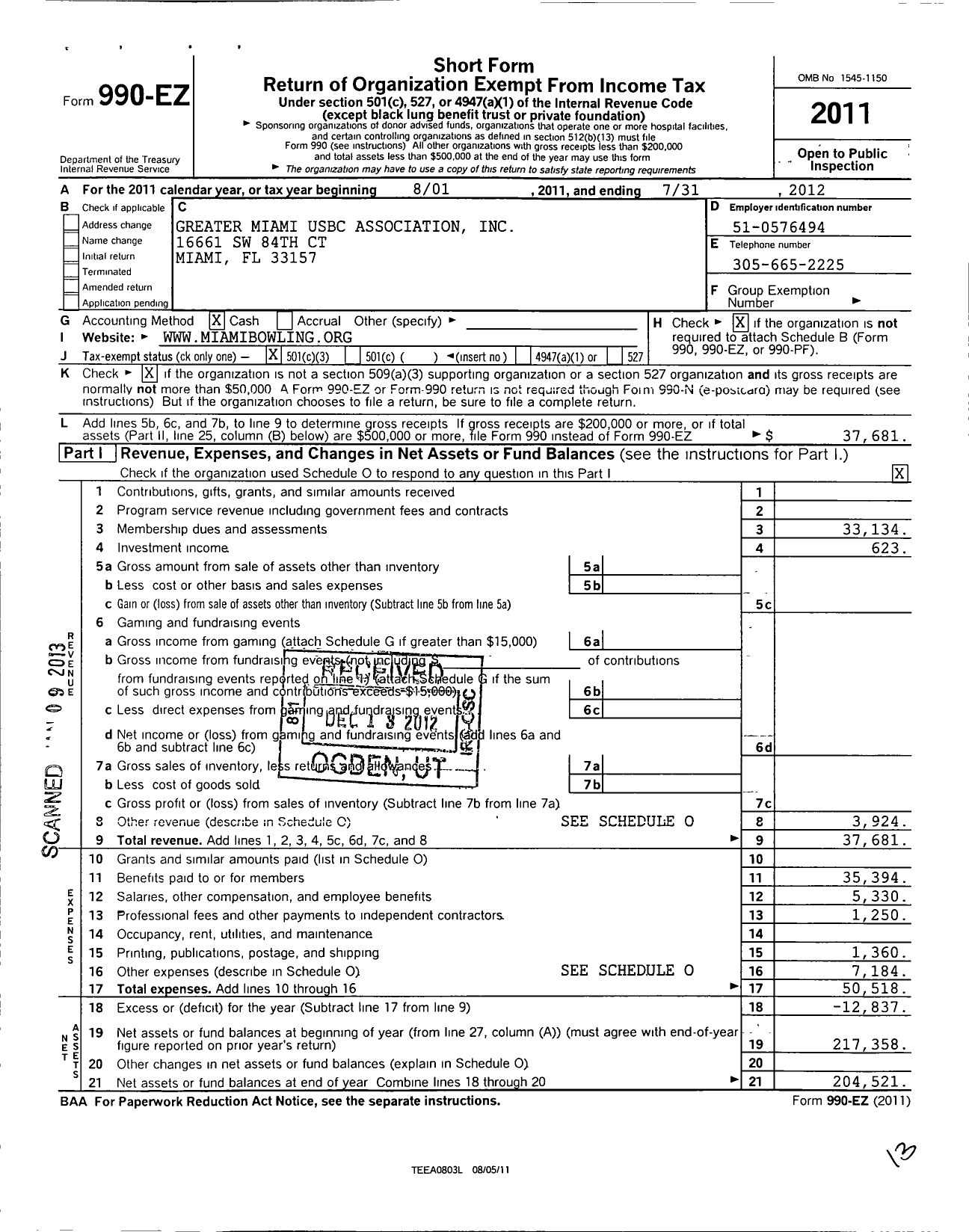 Image of first page of 2011 Form 990EZ for United States Bowling Congress - 82112 GR Miami Usbc