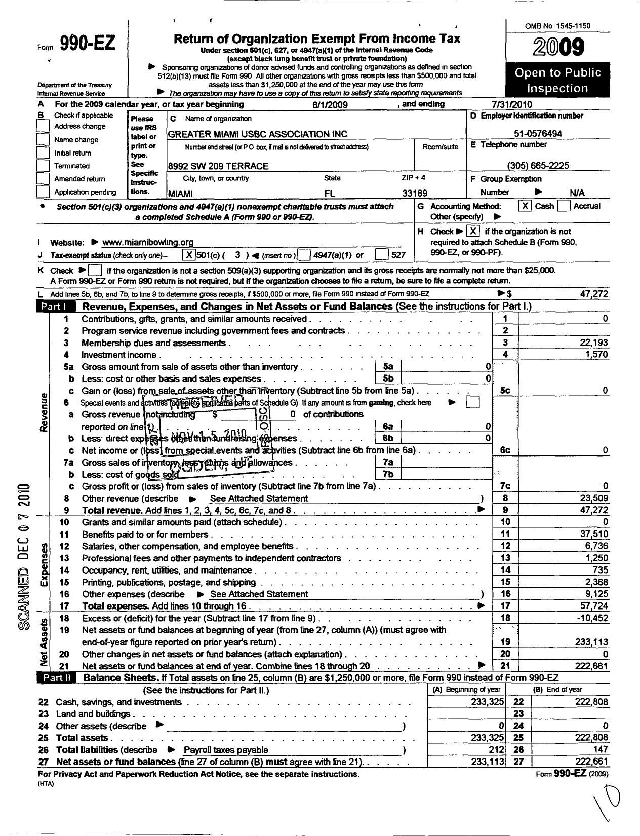 Image of first page of 2009 Form 990EZ for United States Bowling Congress - 82112 GR Miami Usbc