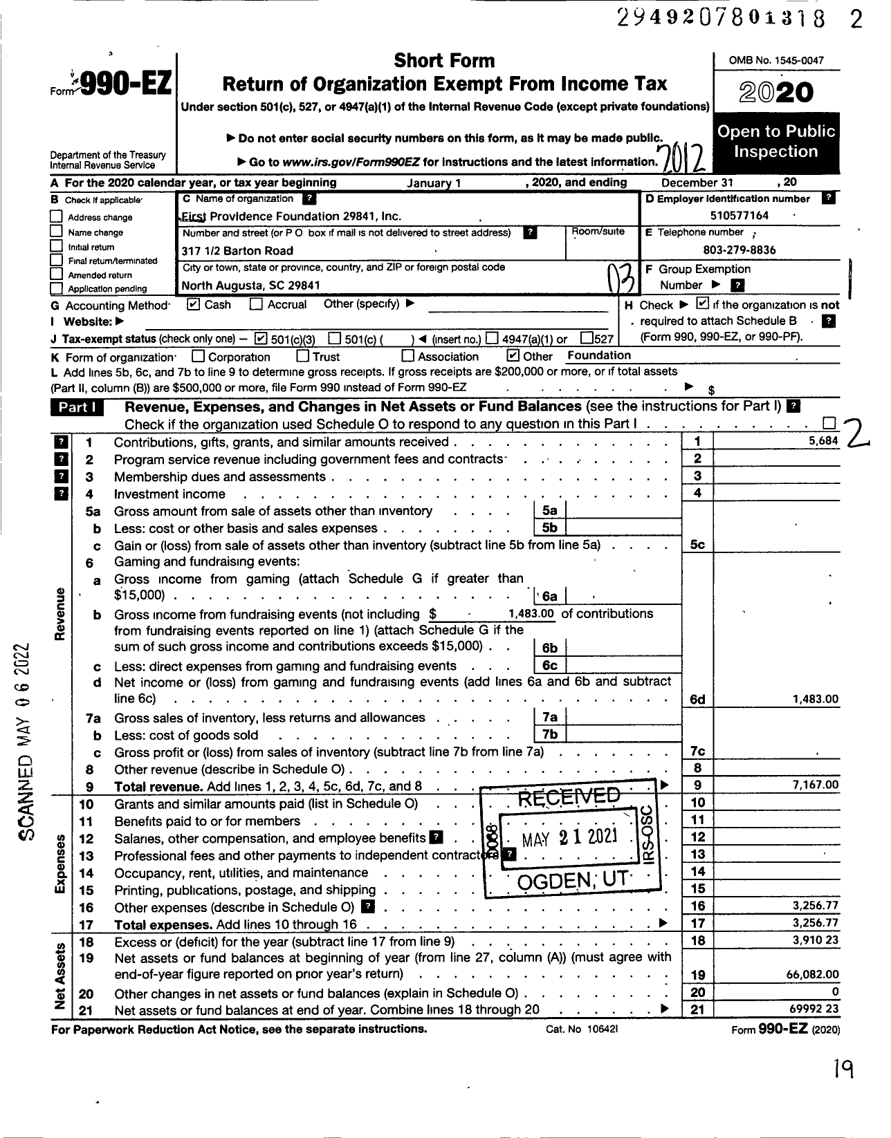 Image of first page of 2020 Form 990EZ for First Providence Foundation 29841