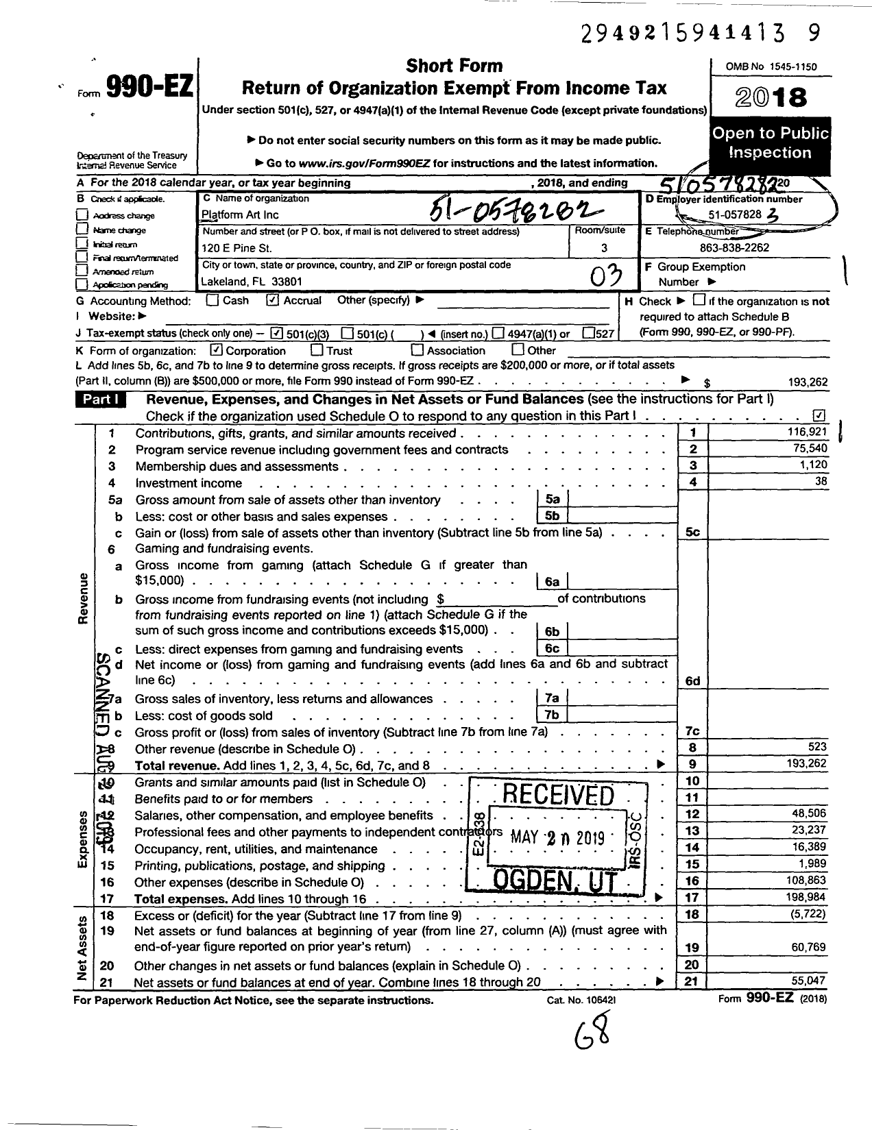 Image of first page of 2018 Form 990EZ for Platform Art