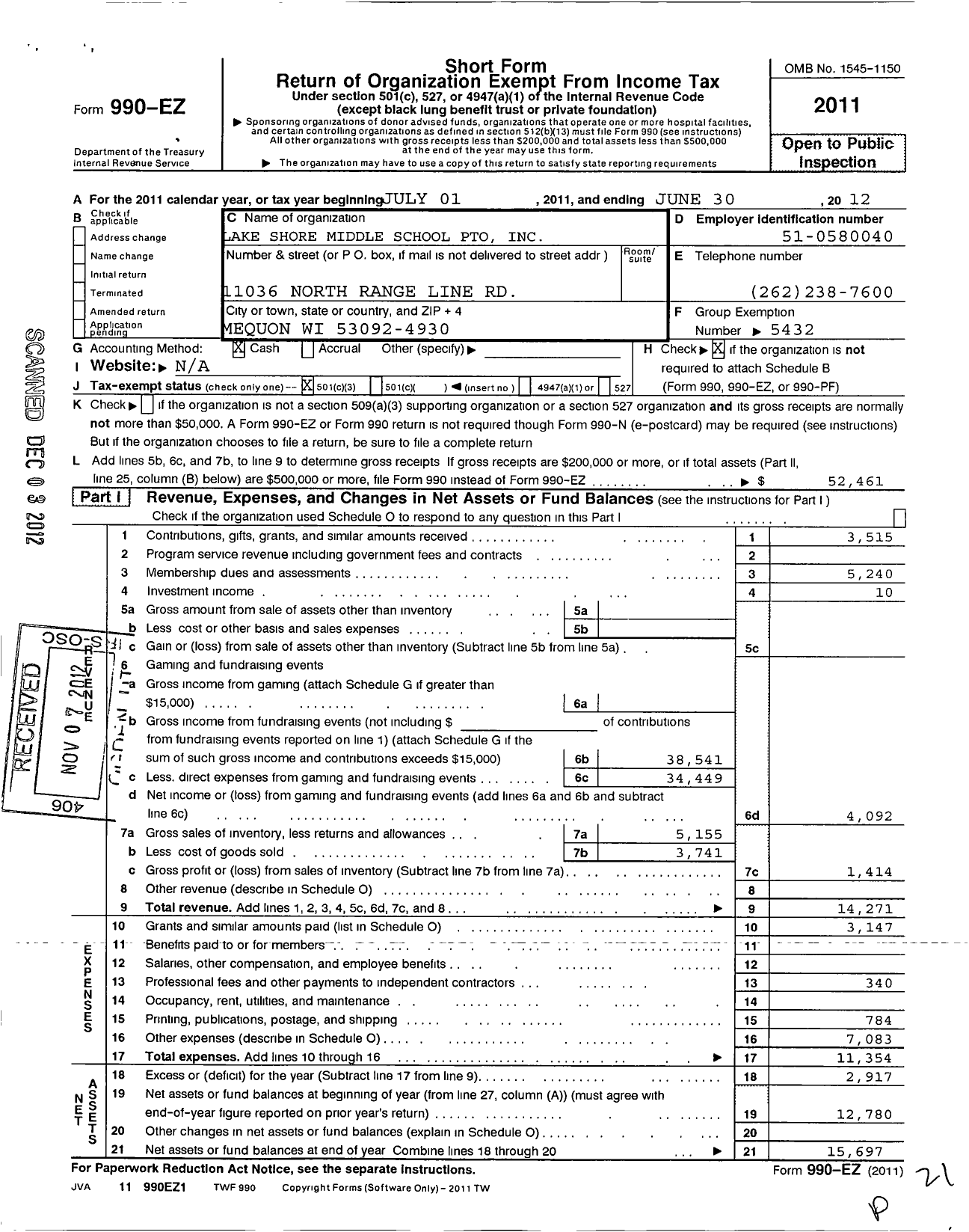 Image of first page of 2011 Form 990EZ for Mequon-Theinsville Area Council Parent Teacher Organization