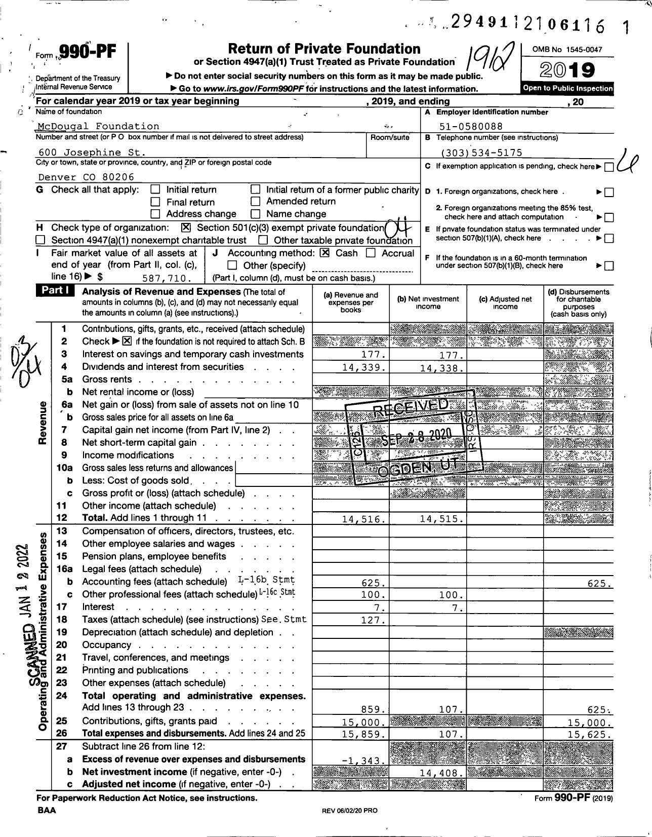 Image of first page of 2019 Form 990PF for McDougal Foundation