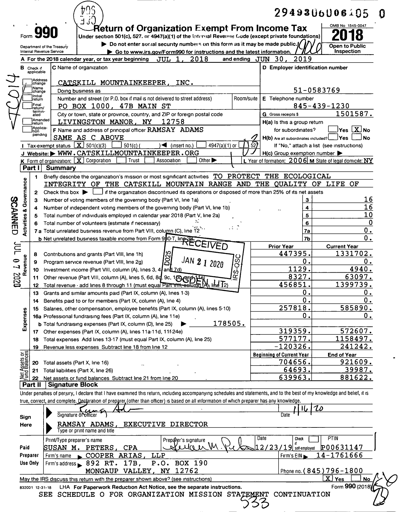 Image of first page of 2018 Form 990 for Catskill Mountainkeeper